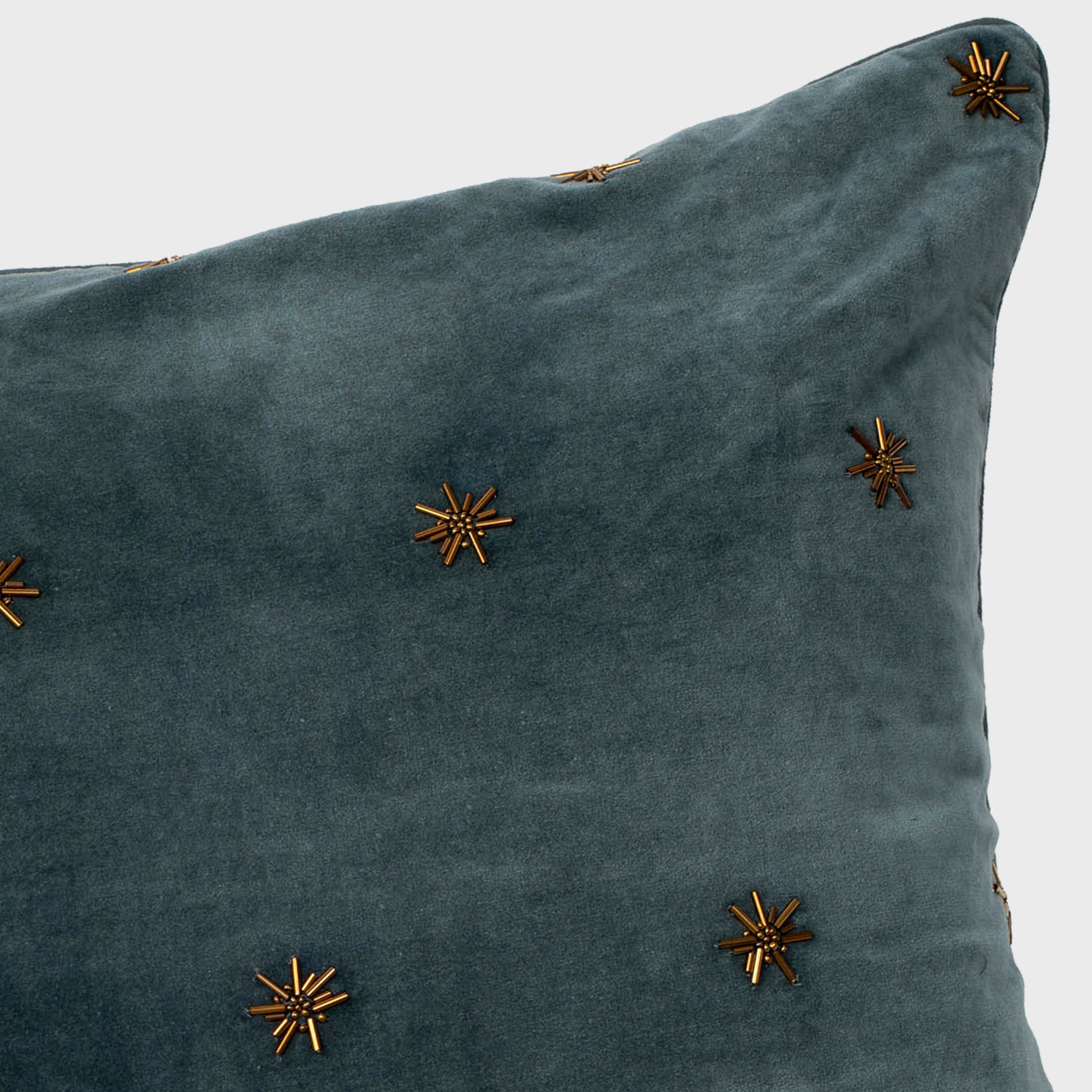 Embroidered Star Pillow, Dark Grey Cotton Velvet