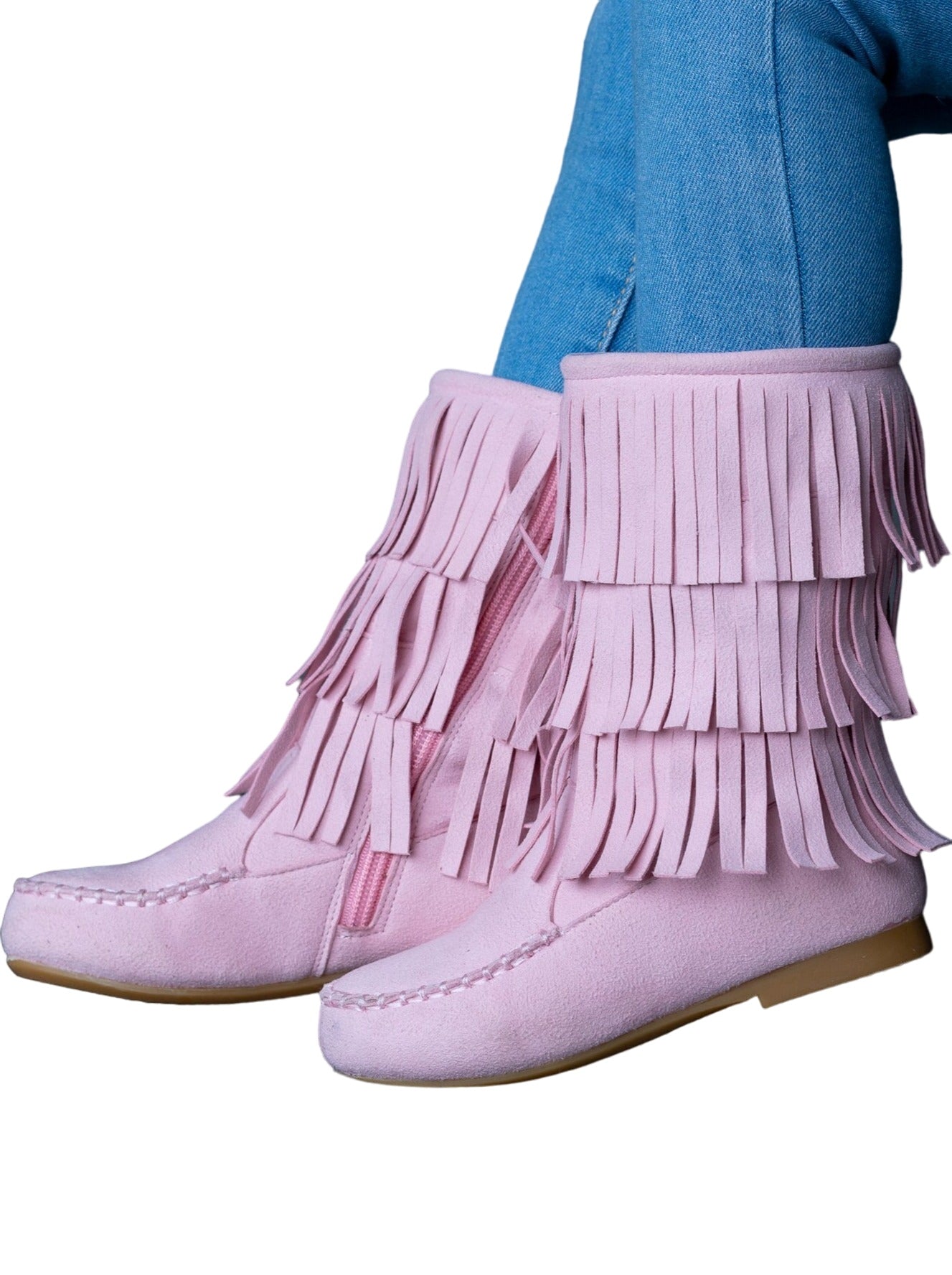 Pink Suede Tiered Fringe Boots By Liv And Mia