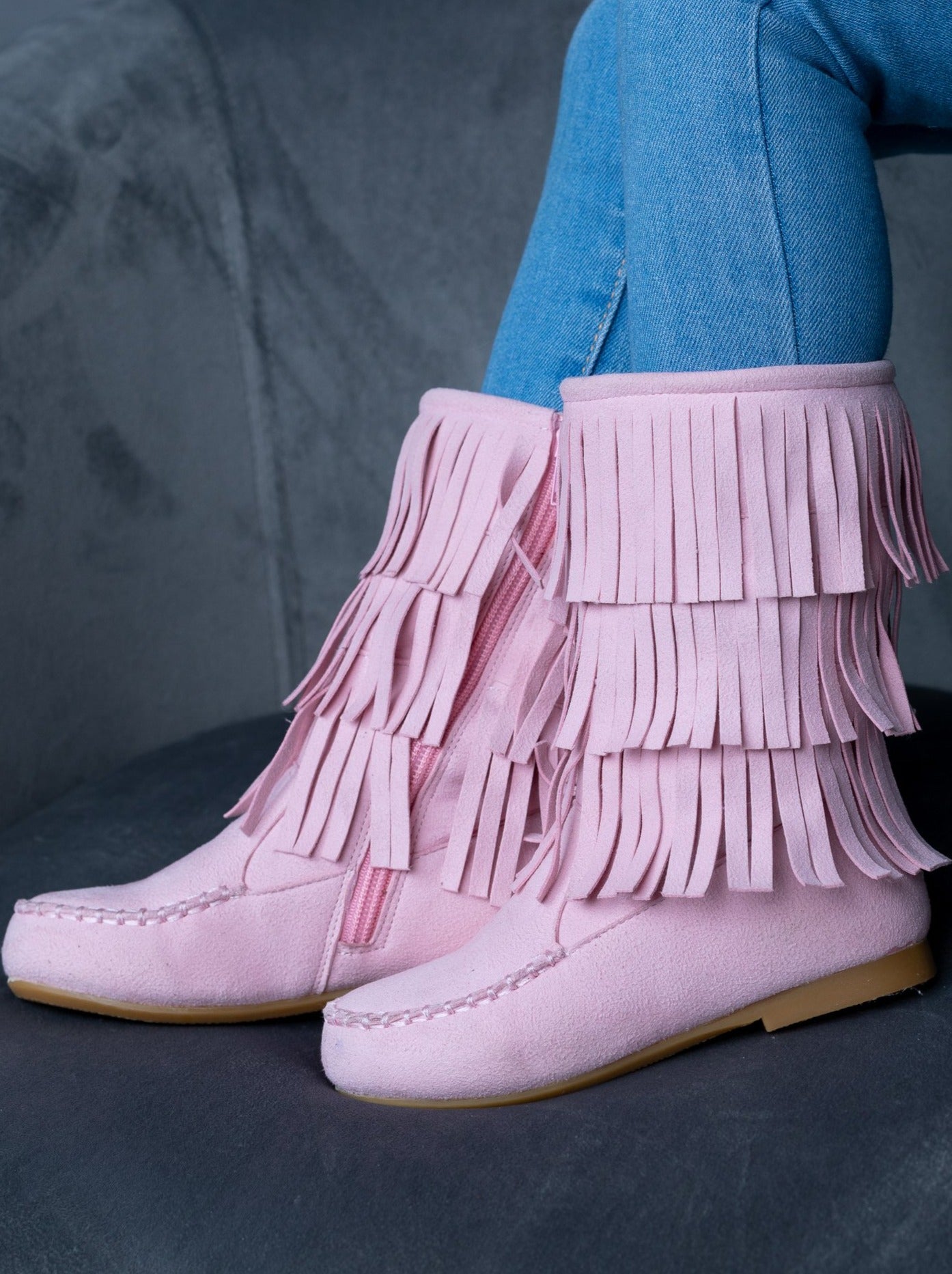 Pink Suede Tiered Fringe Boots By Liv And Mia