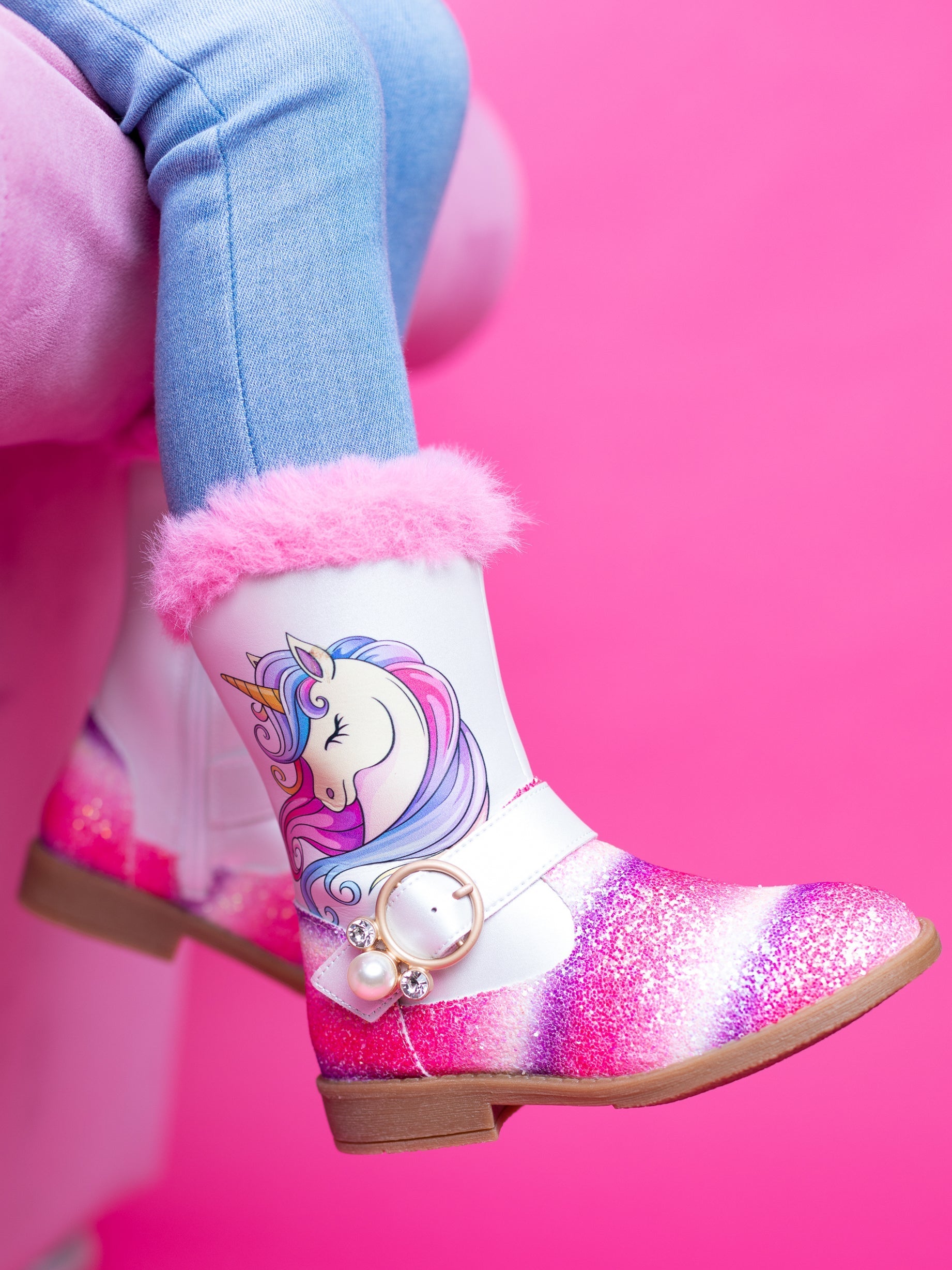 Unicorn Glitter Boots With Faux Fur Trim By Liv And Mia