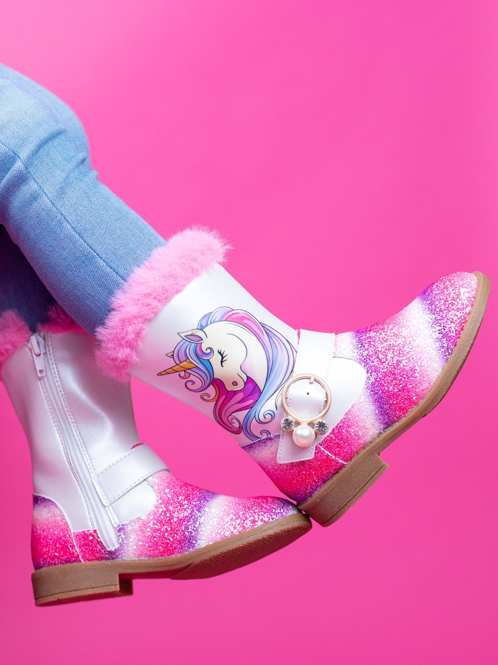 Unicorn Glitter Boots With Faux Fur Trim By Liv And Mia