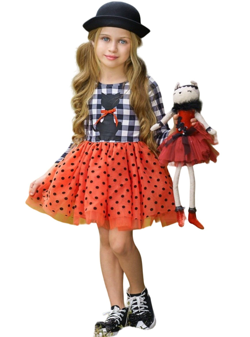 Bewitching Kitten Plaid And Polka Dot Tutu Dress