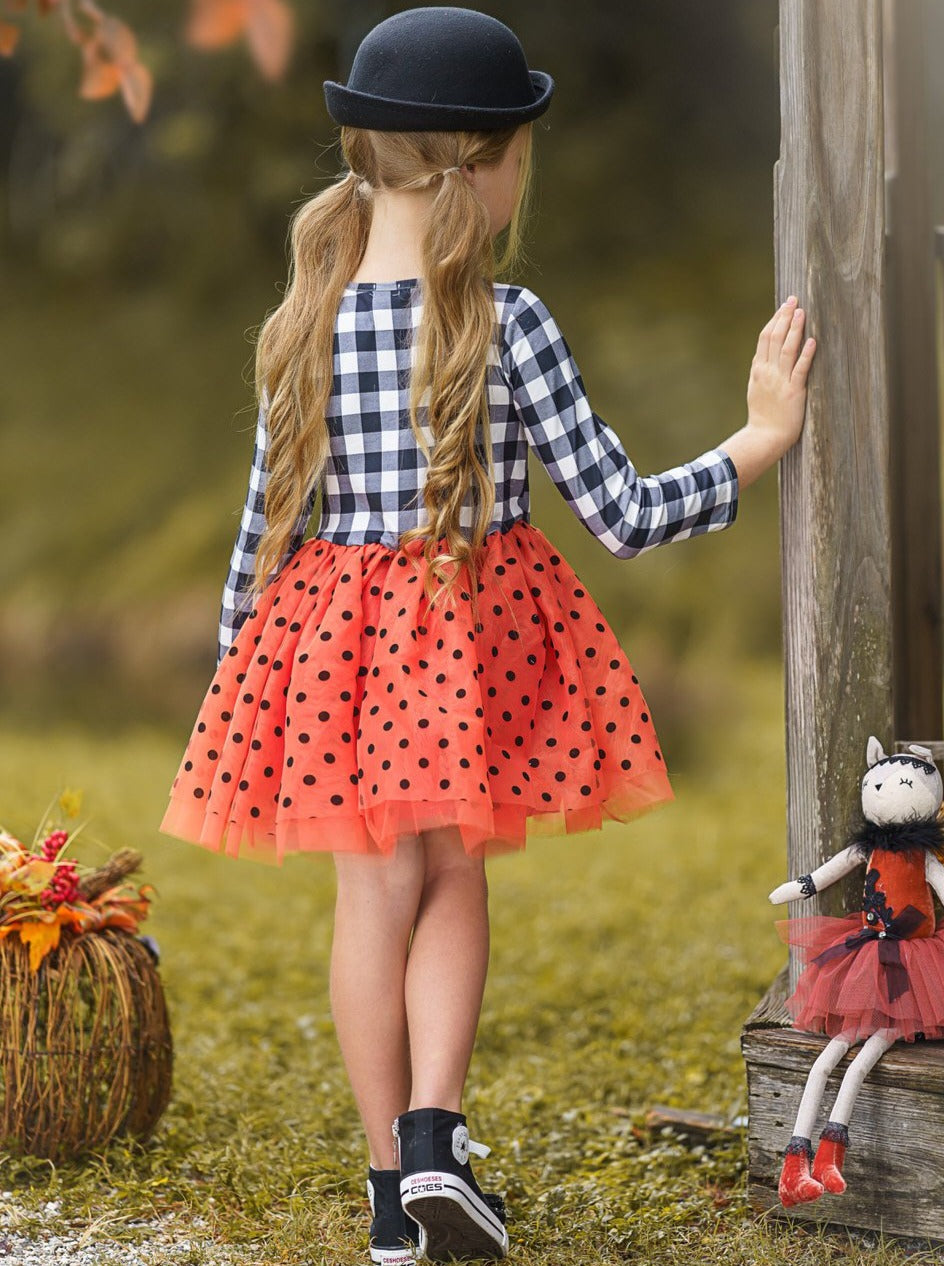 Bewitching Kitten Plaid And Polka Dot Tutu Dress