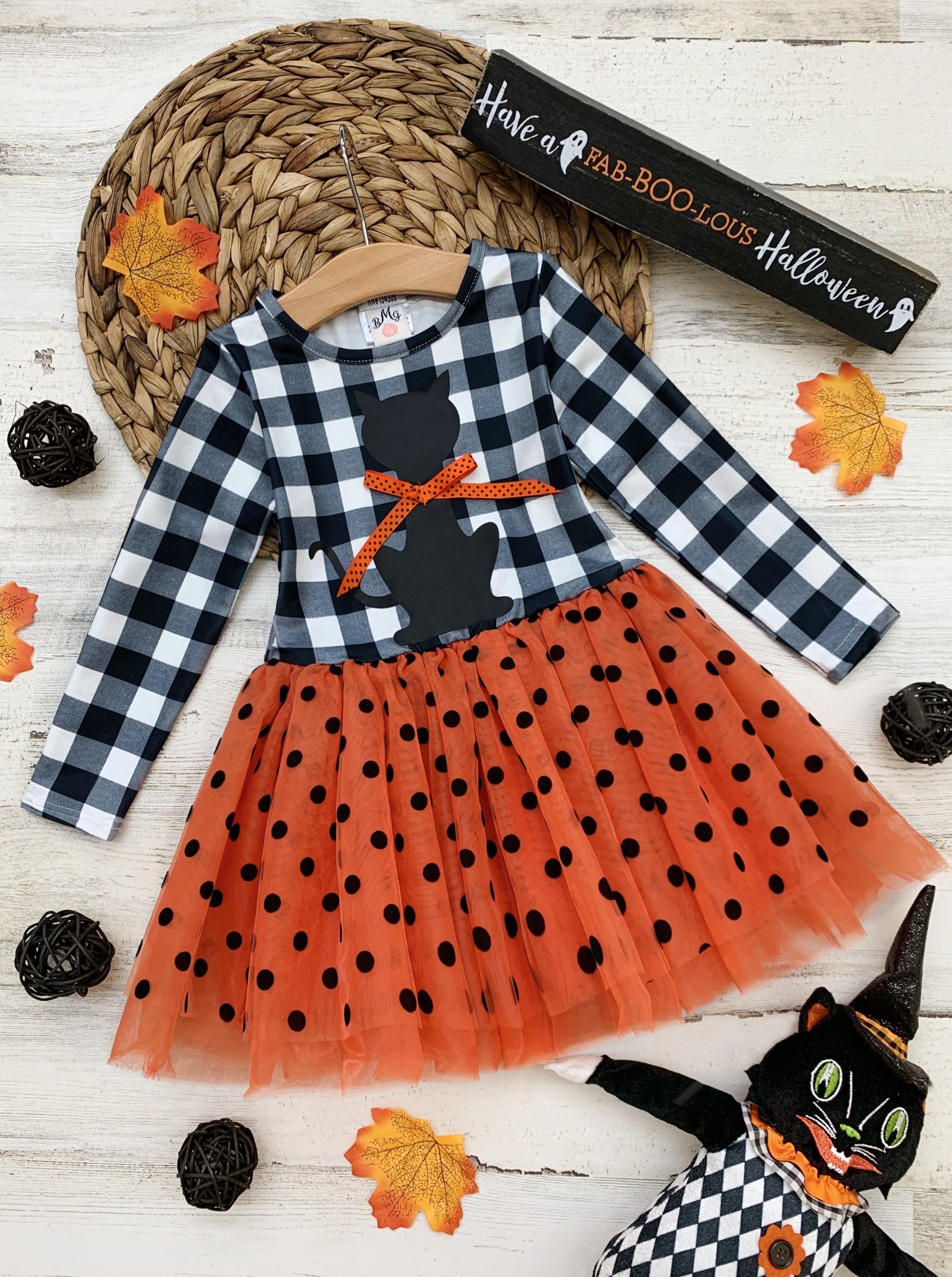 Bewitching Kitten Plaid And Polka Dot Tutu Dress