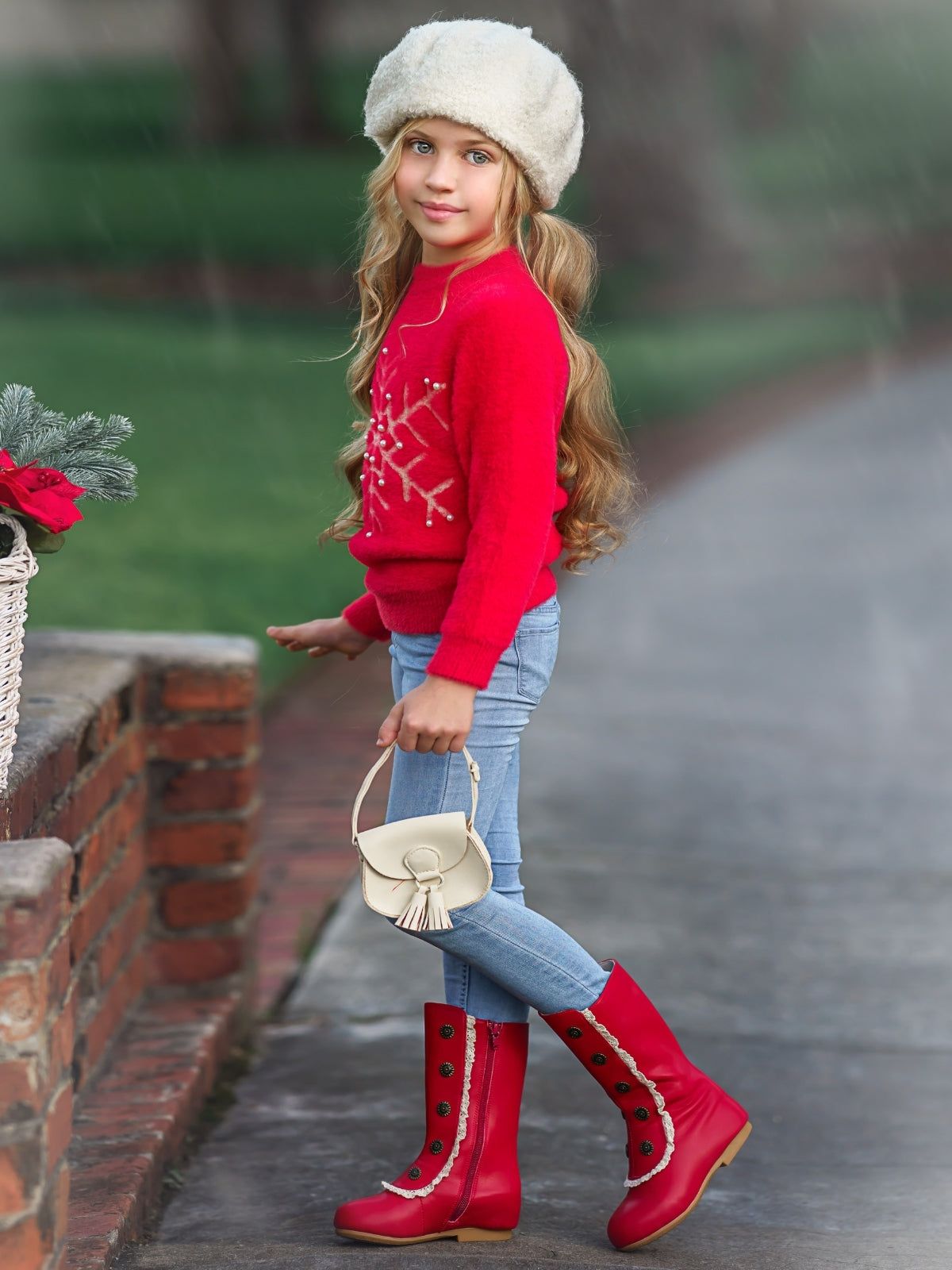 Snowflake And Pearls Fuzzy Holiday Sweater