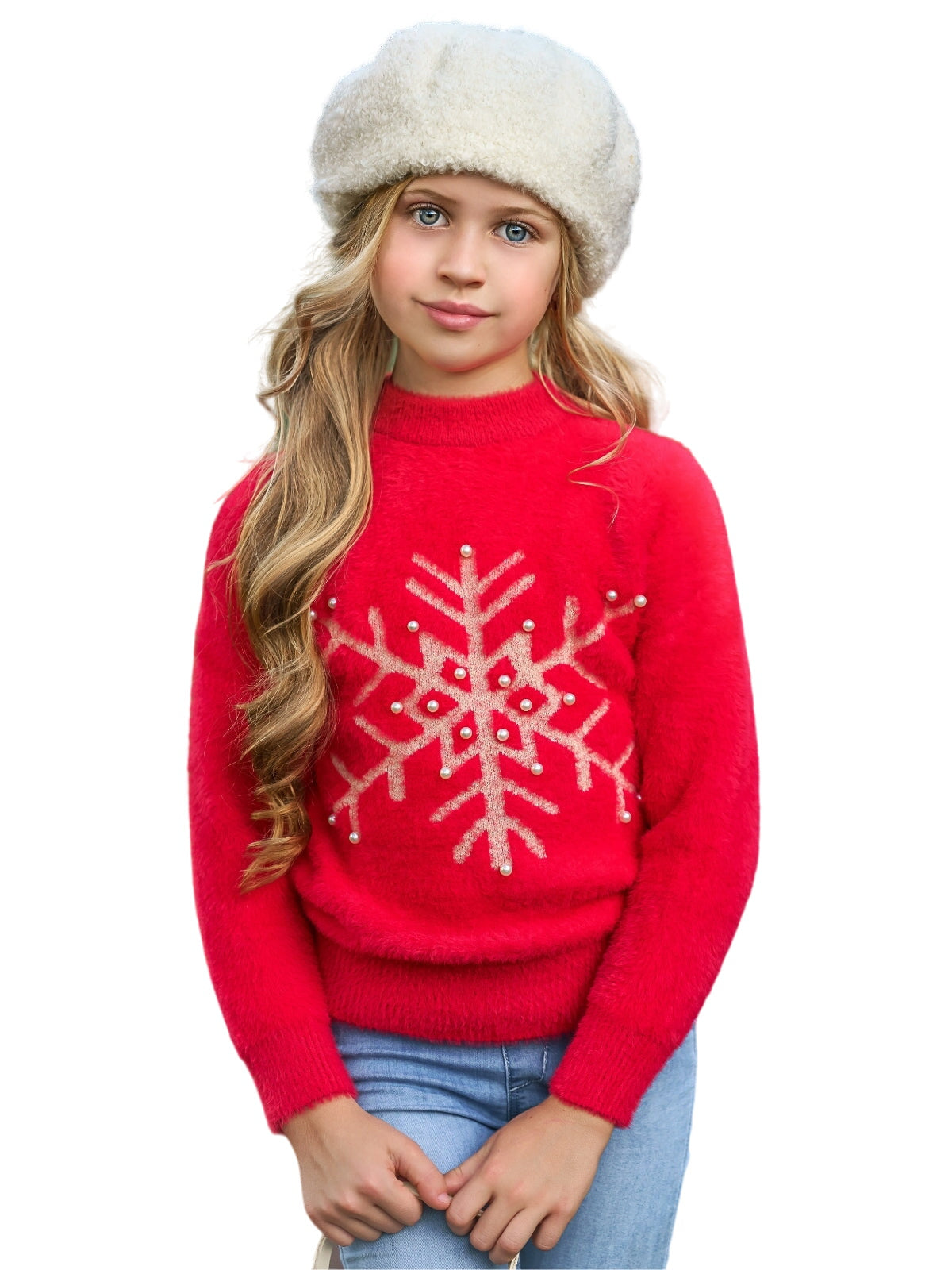 Snowflake And Pearls Fuzzy Holiday Sweater