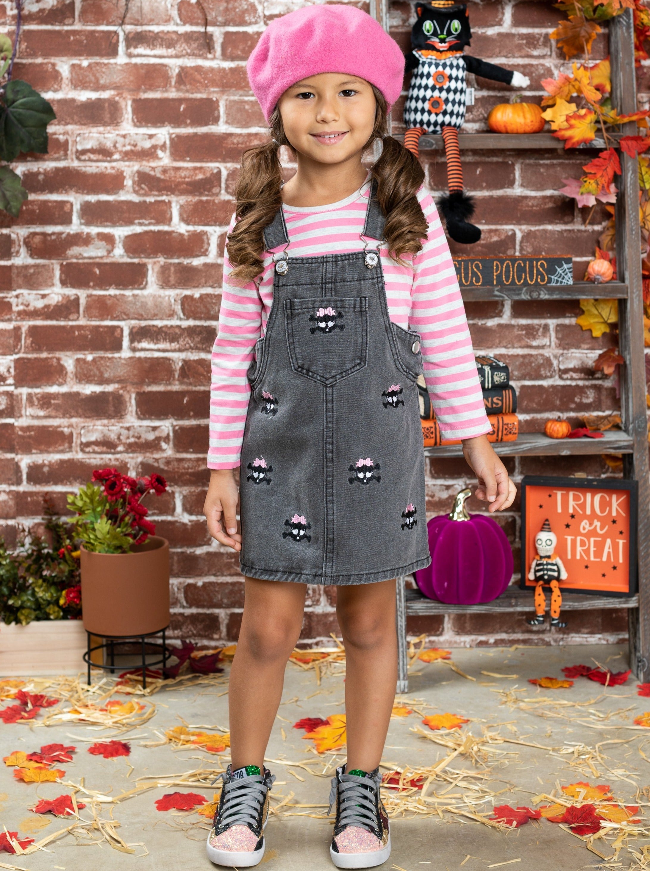 Skull Girls Rock Denim Overall Dress Set