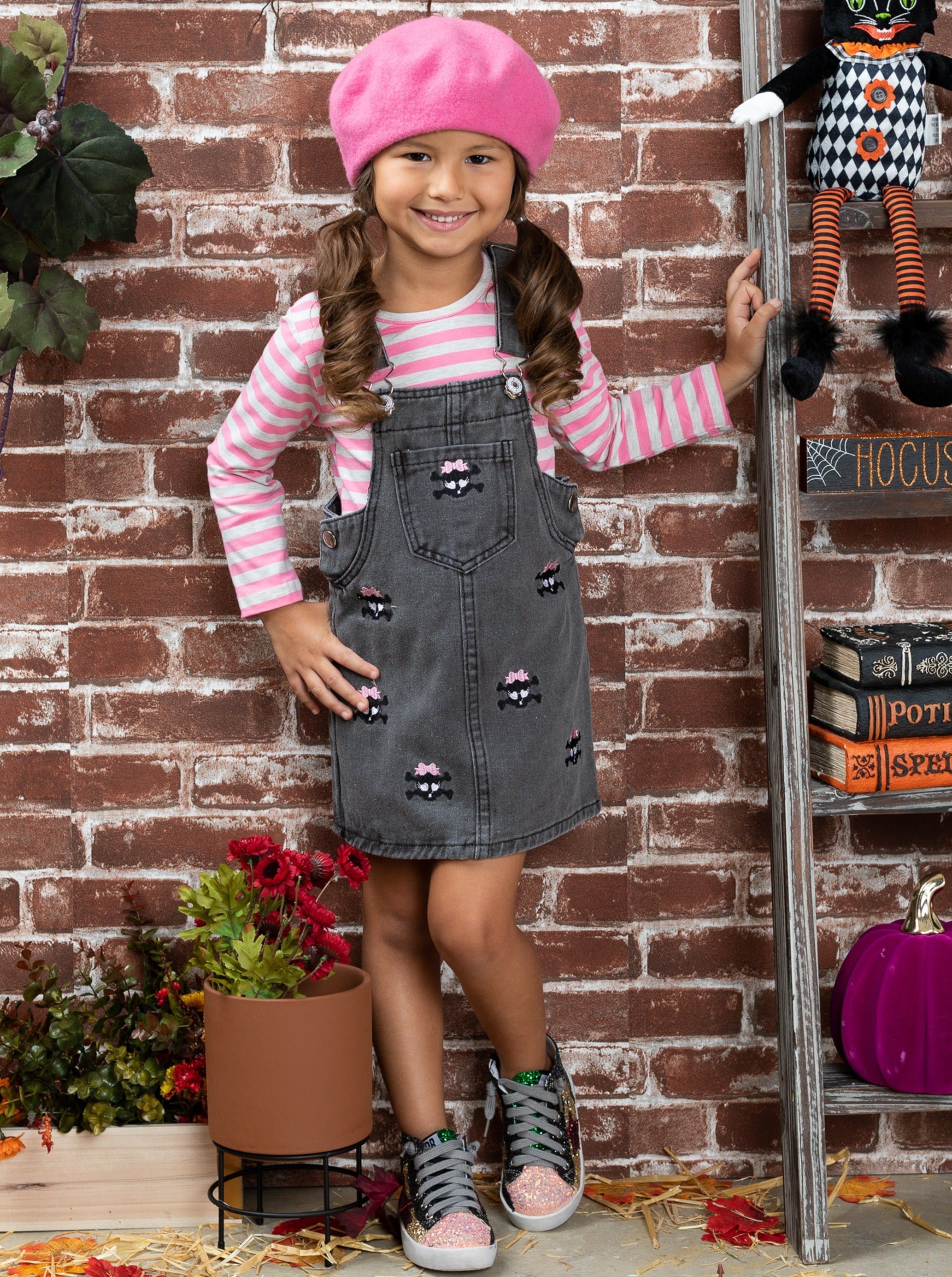 Skull Girls Rock Denim Overall Dress Set