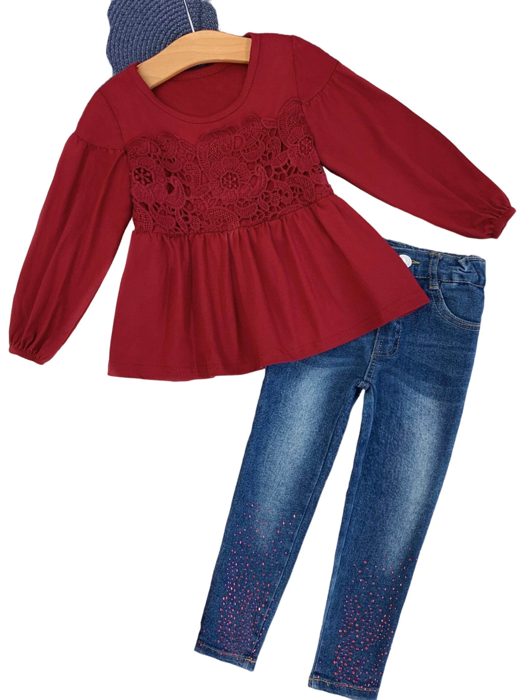 Cranberry Lace Sparkle Jeans Set