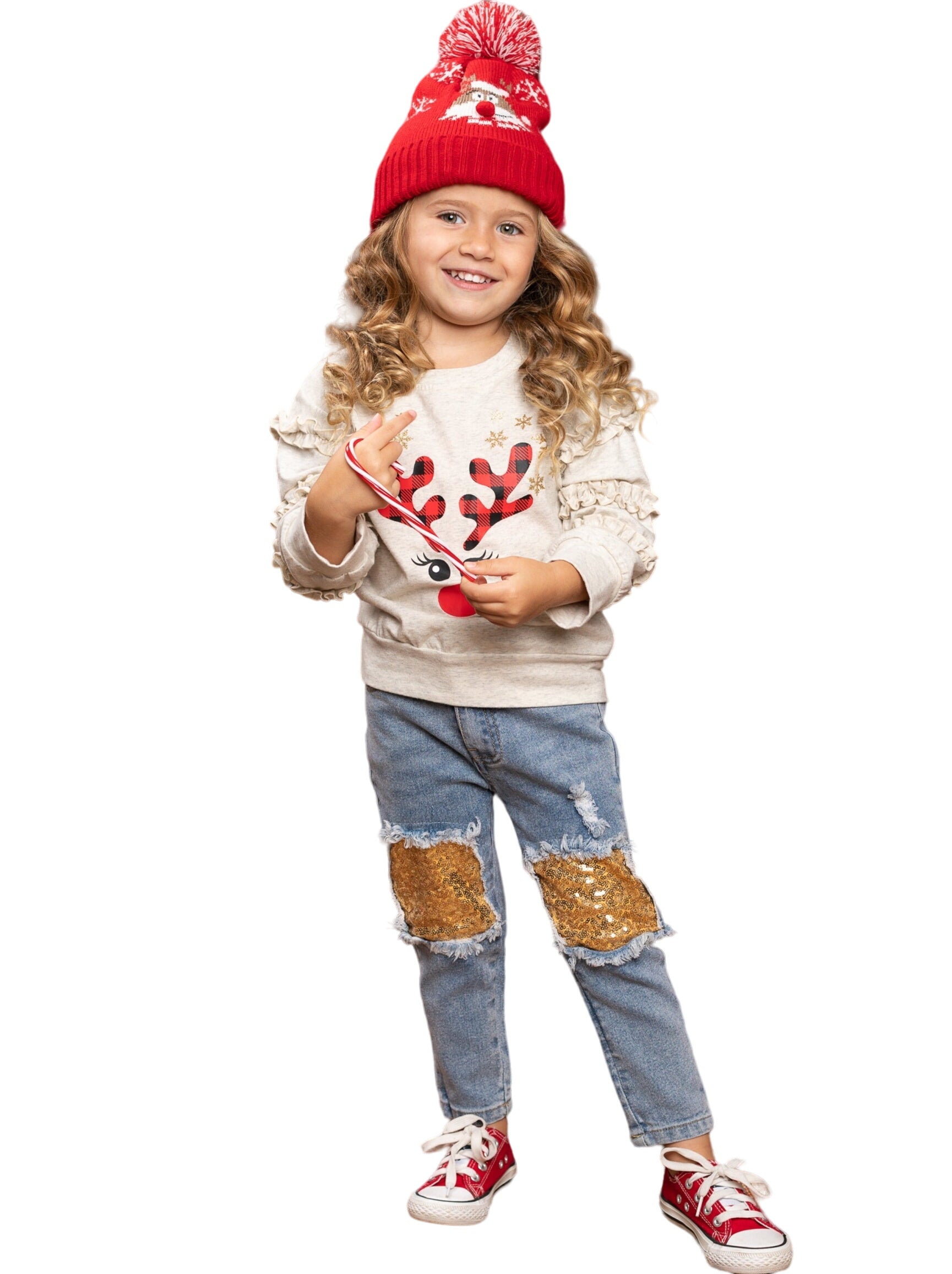 Oh, Deer Ruffle Sweatshirt And Sequin Patched Jeans Set