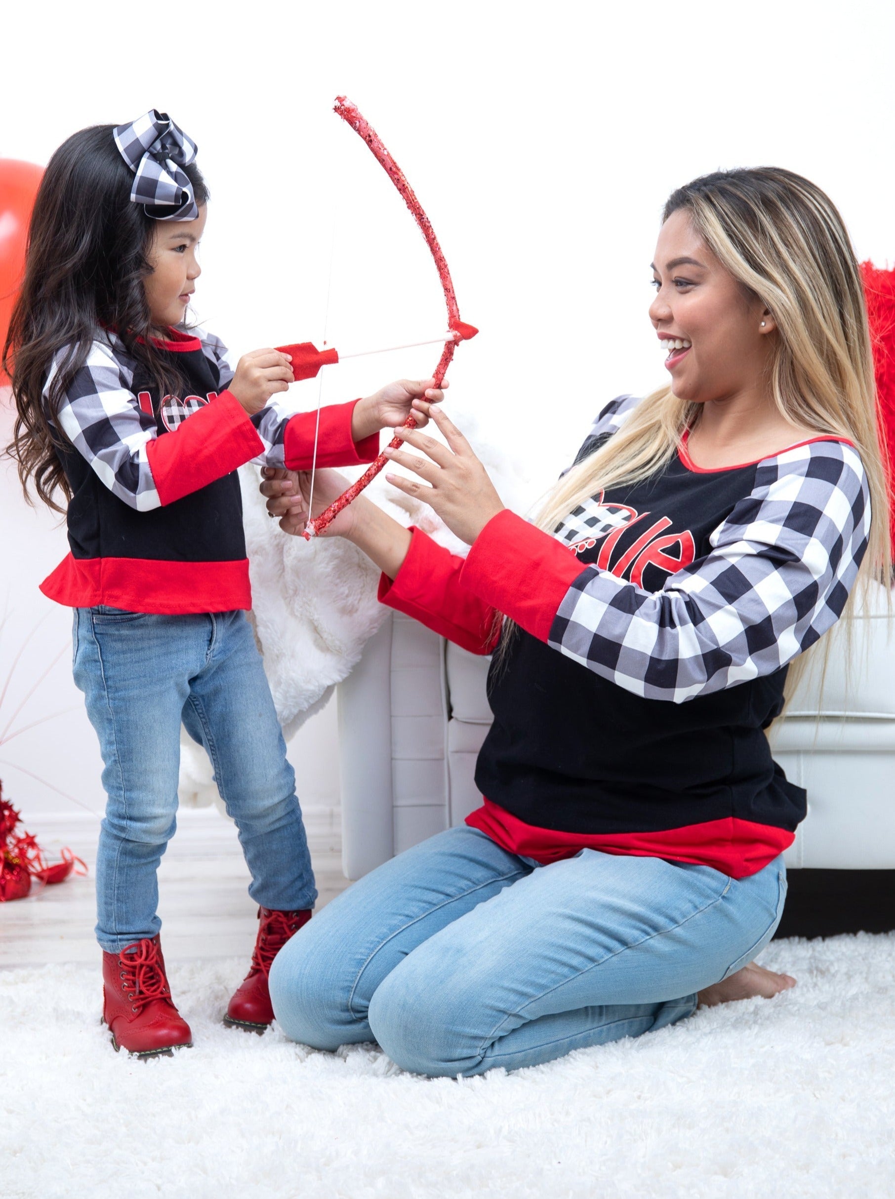 Mommy And Me Cupid's Love Plaid Raglan Tunic