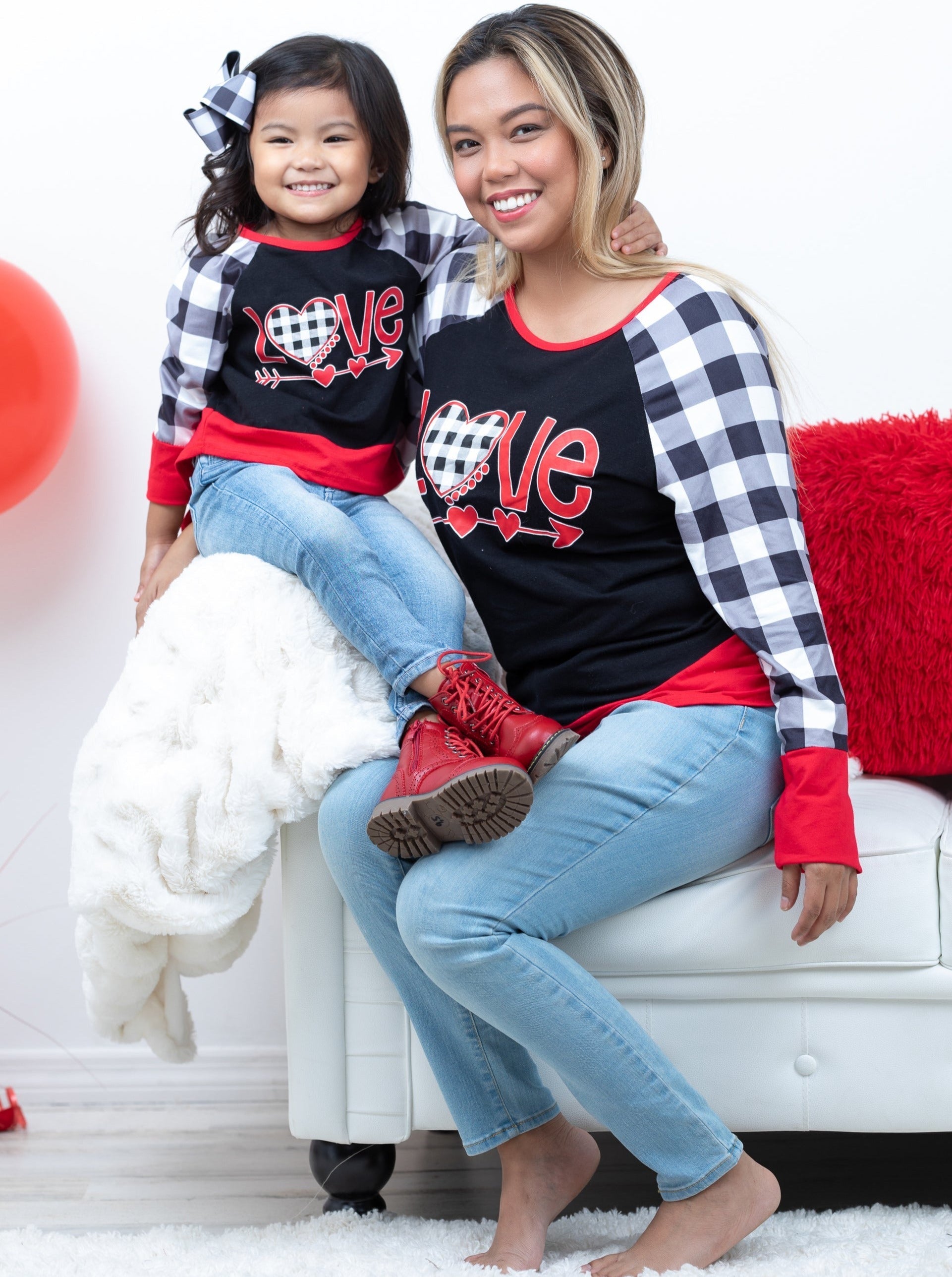 Mommy And Me Cupid's Love Plaid Raglan Tunic