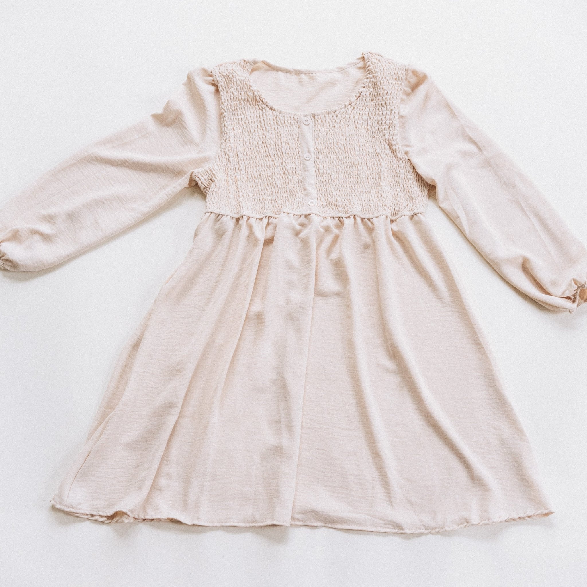Neutral Off-white Smocked Long Sleeve Midi Dress- Women