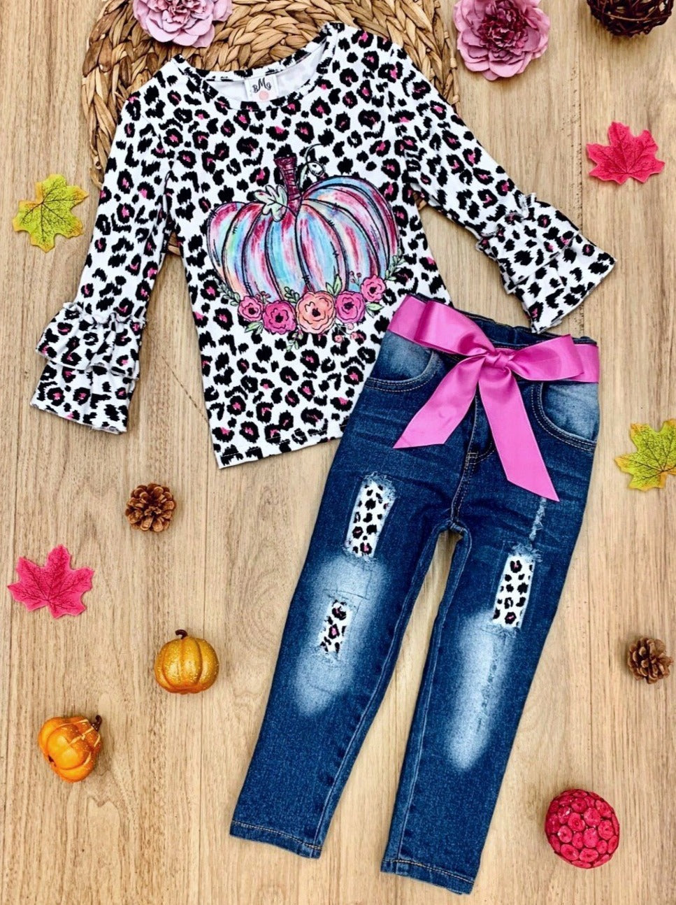 Pastel Pumpkin Leopard Patched Jeans Set