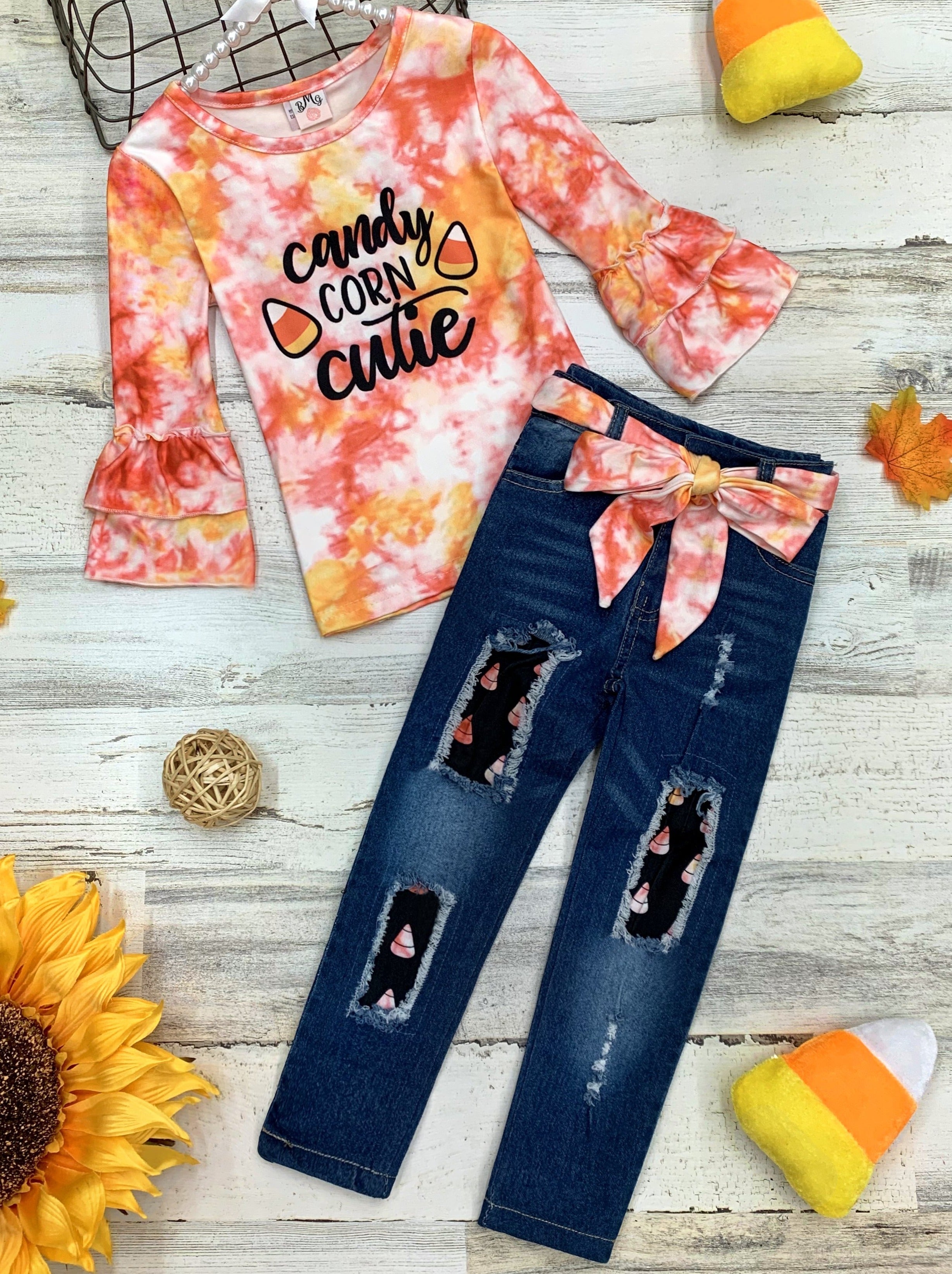 Candy Corn Cutie Top And Patched Jeans Set