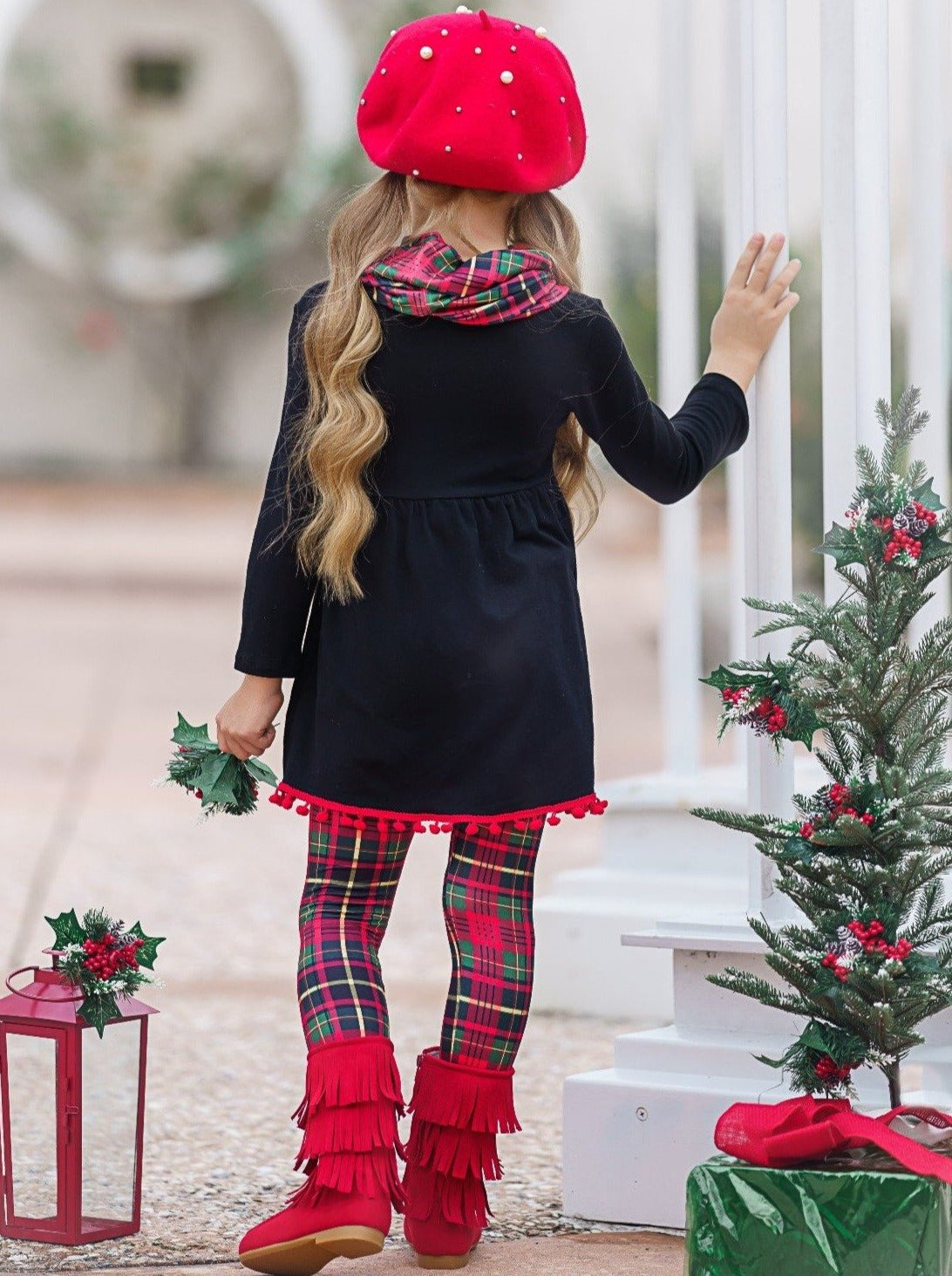 Christmas Haul Tunic, Plaid Scarf, And Legging Set