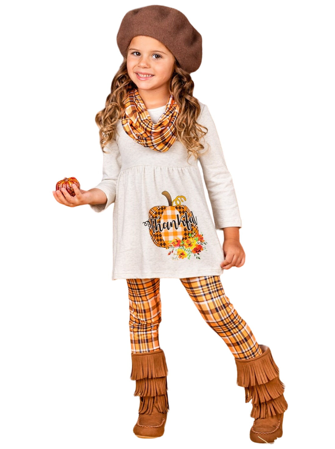 Thankful Pumpkin Tunic, Plaid Leggings And Scarf Set