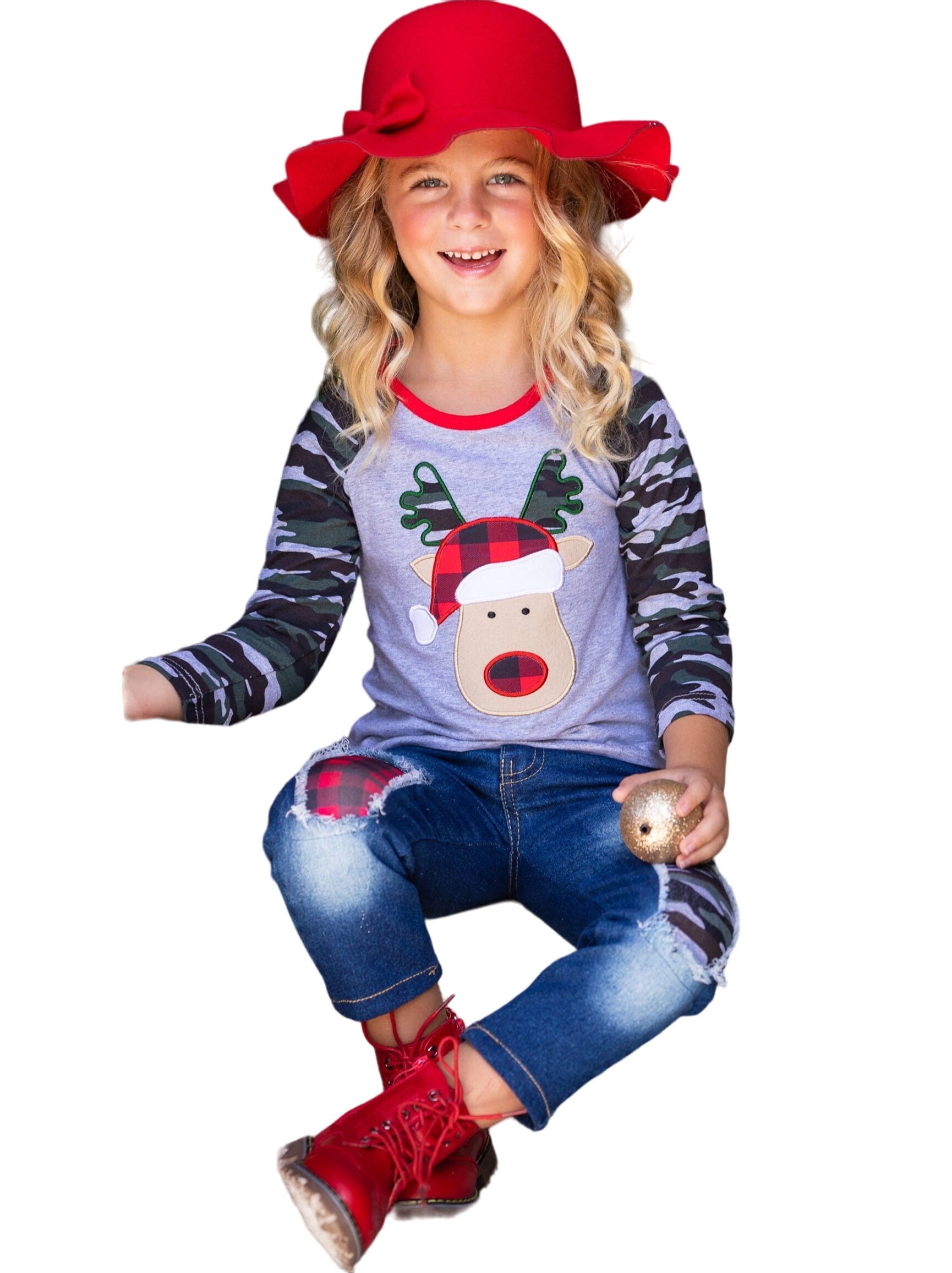 Plaid Rudolph Camo Raglan Top And Patched Jeans Set