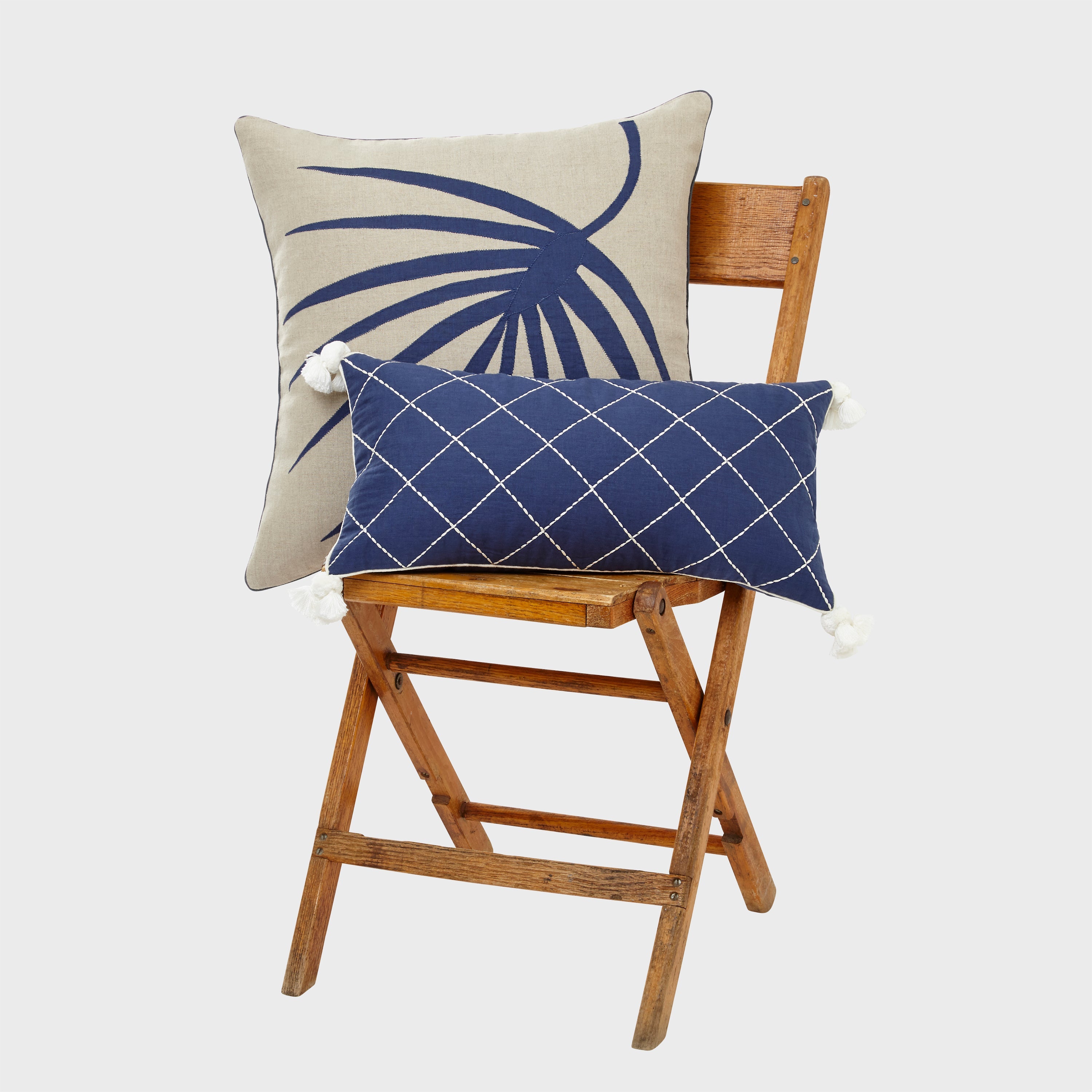 Palm Frond Pillow, Natural Linen With Indigo