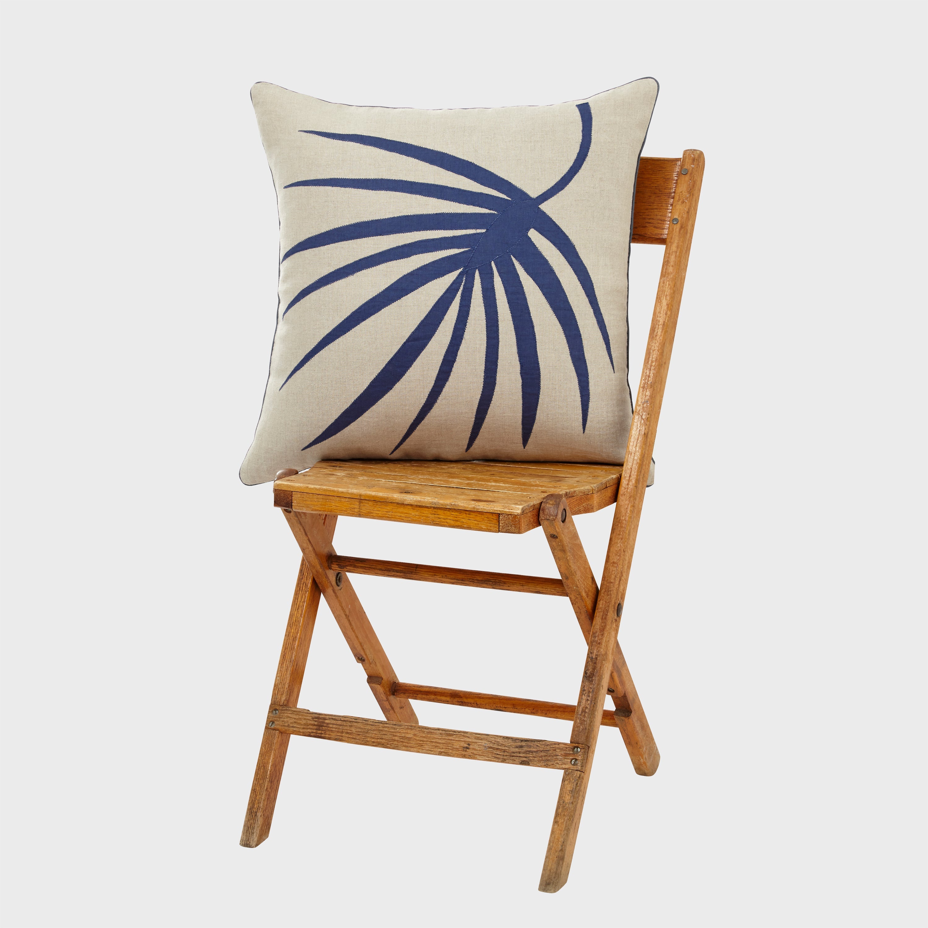 Palm Frond Pillow, Natural Linen With Indigo