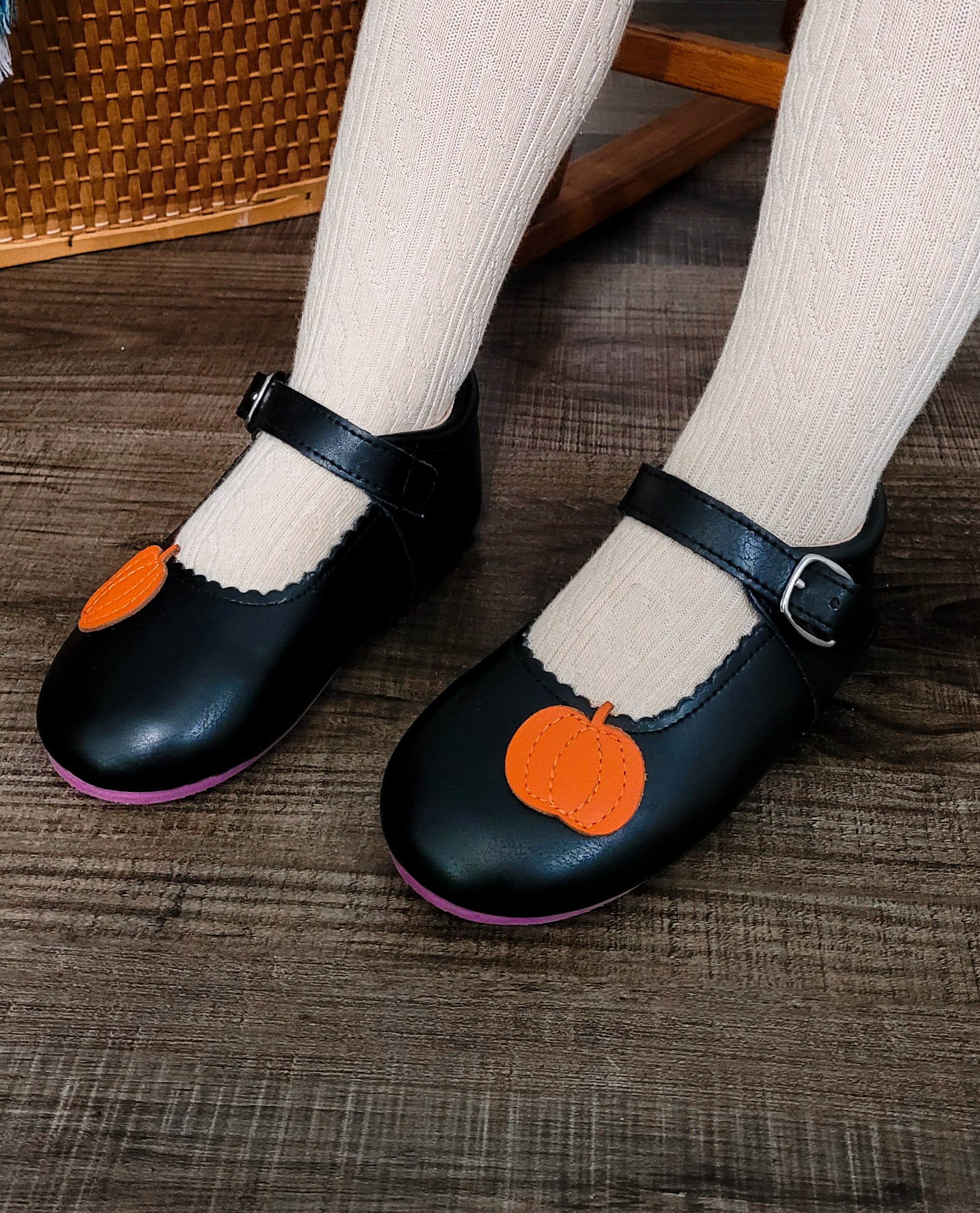 Pumpkins Mary Janes - Black Smooth Leather - Purple Soles