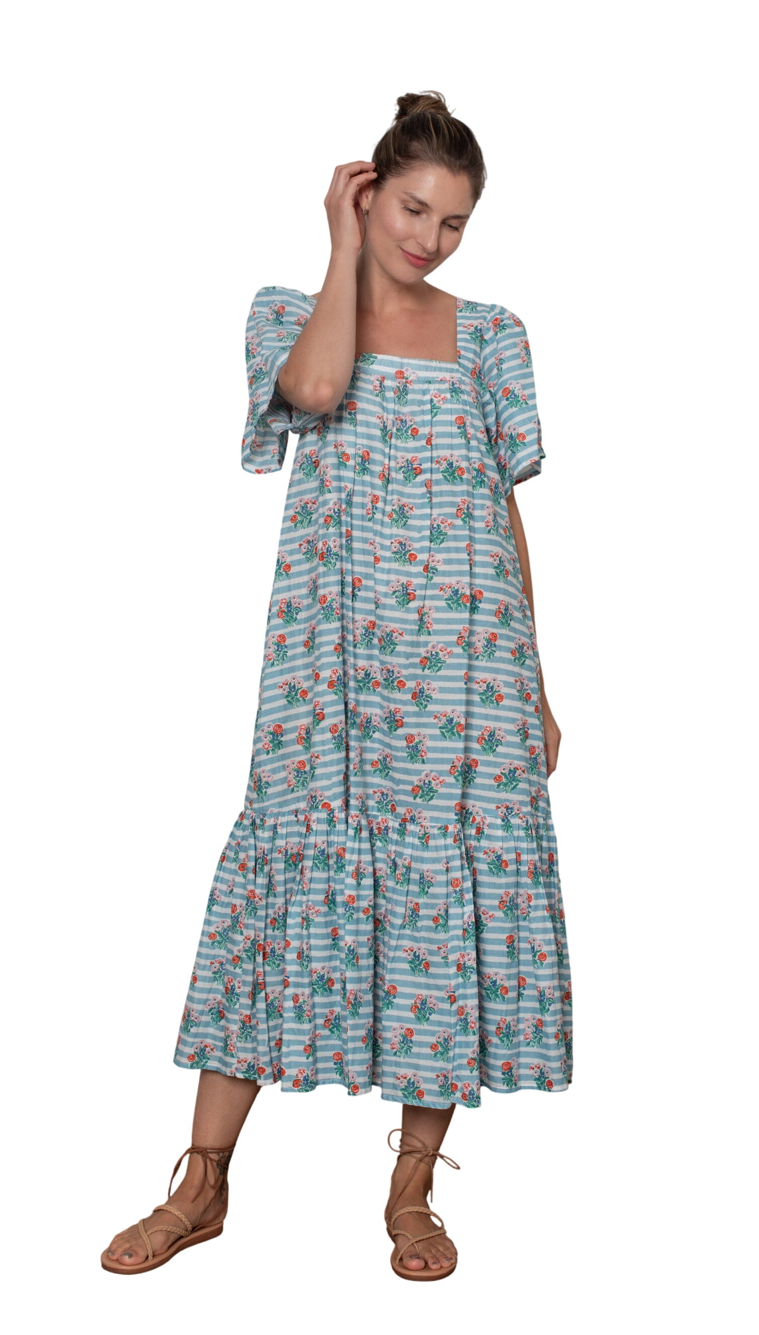 Fifi Dress Pastel Blue Stripe Floral