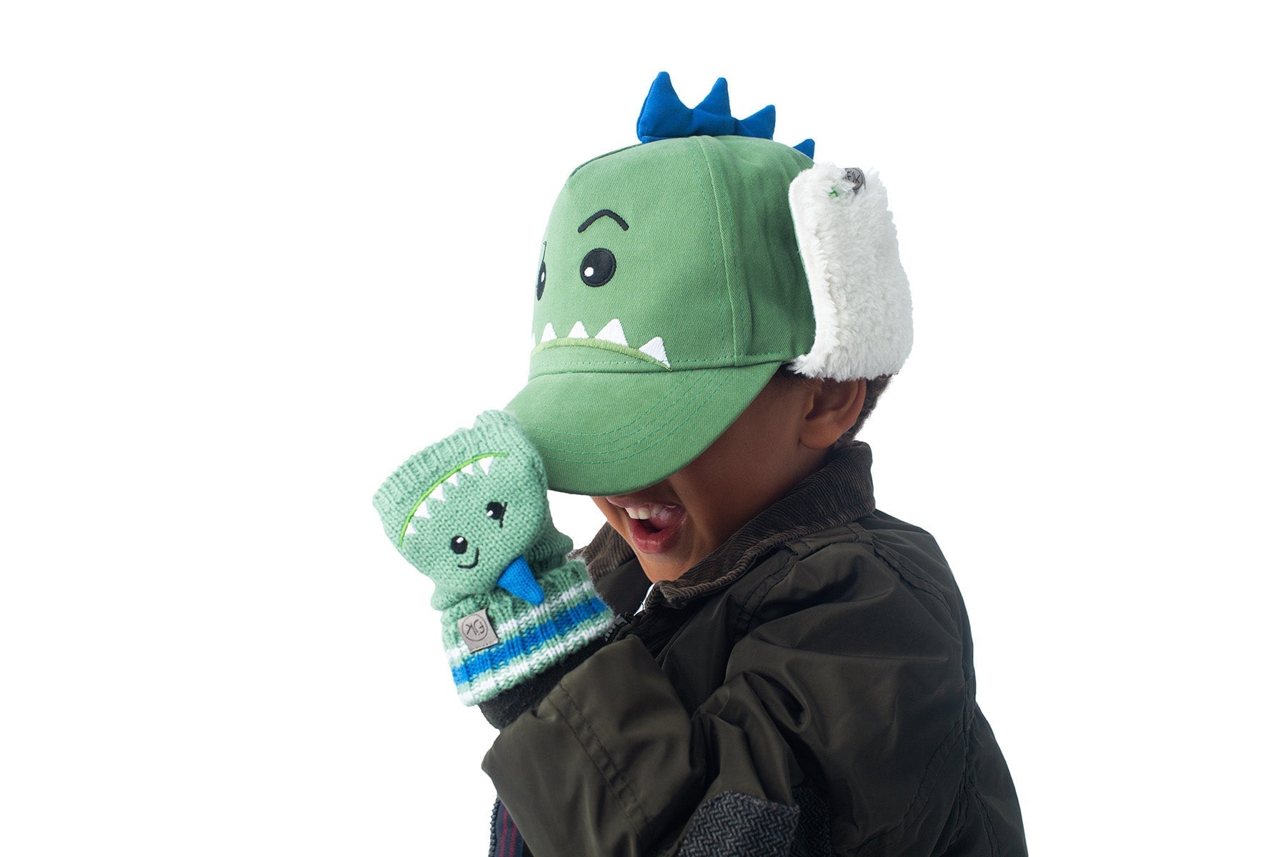 Toddler/kids Knitted Fingerless Gloves With Mitten Flaps - Dinosaur