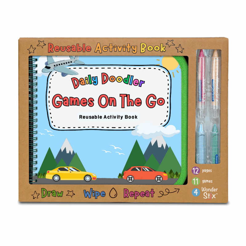 New! Daily Doodler Reusable Activity Book-games On The Go, Includes 4 Wonder Stix