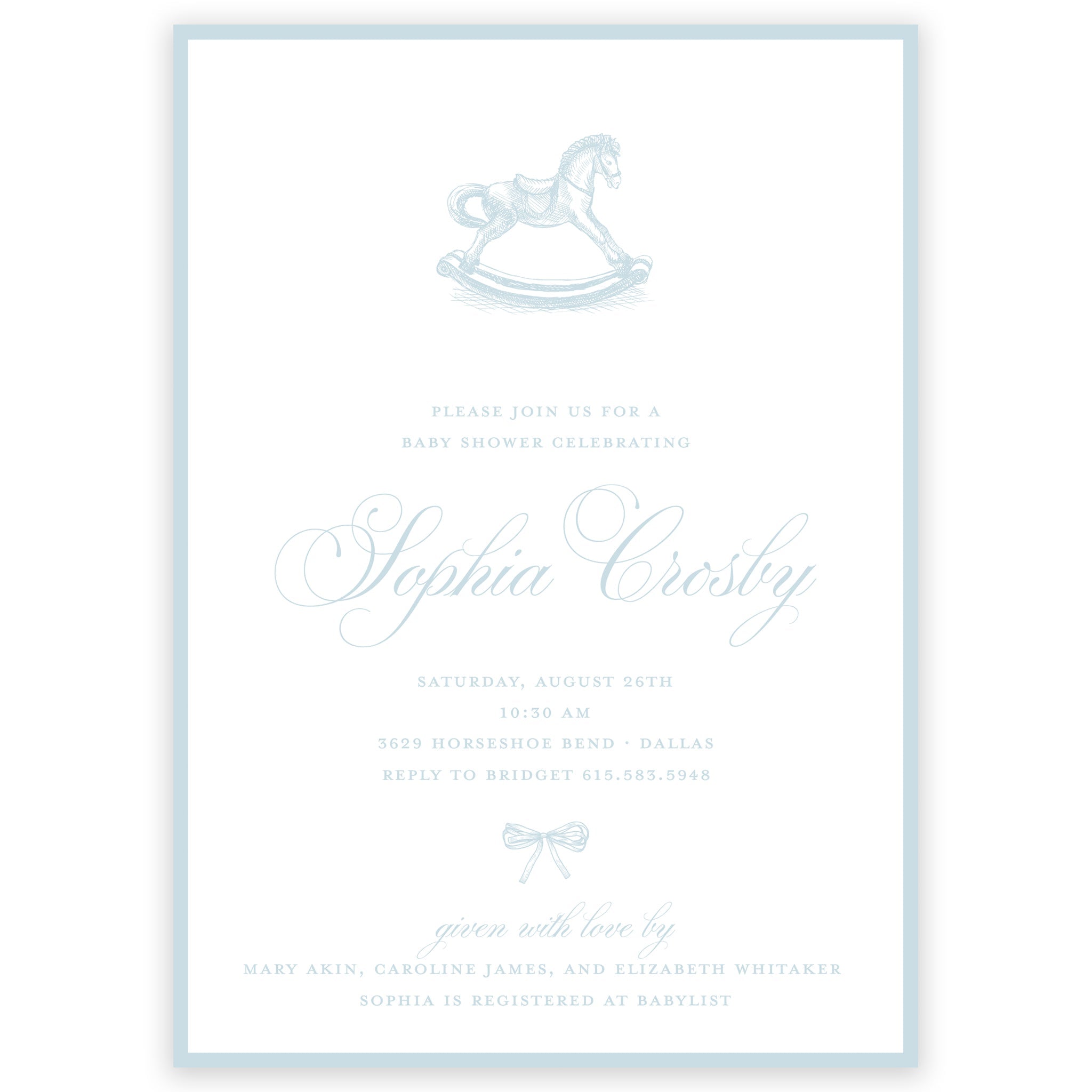 Blue Rocking Horse Baby Shower Invitation