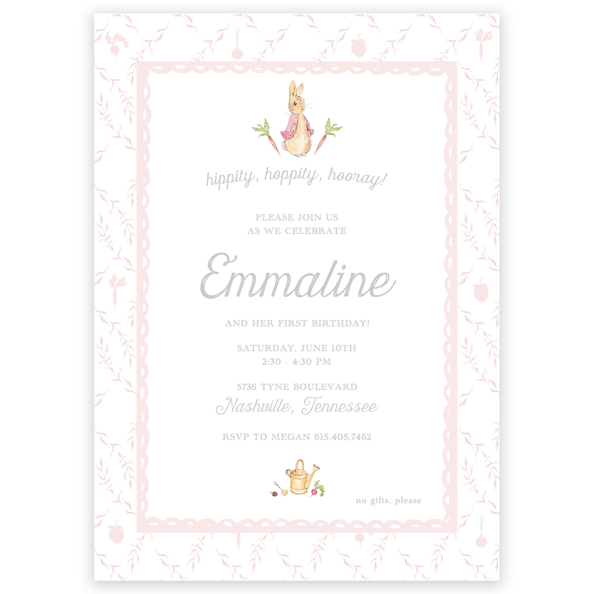Peter Rabbit Pink Trellis Party Invitation