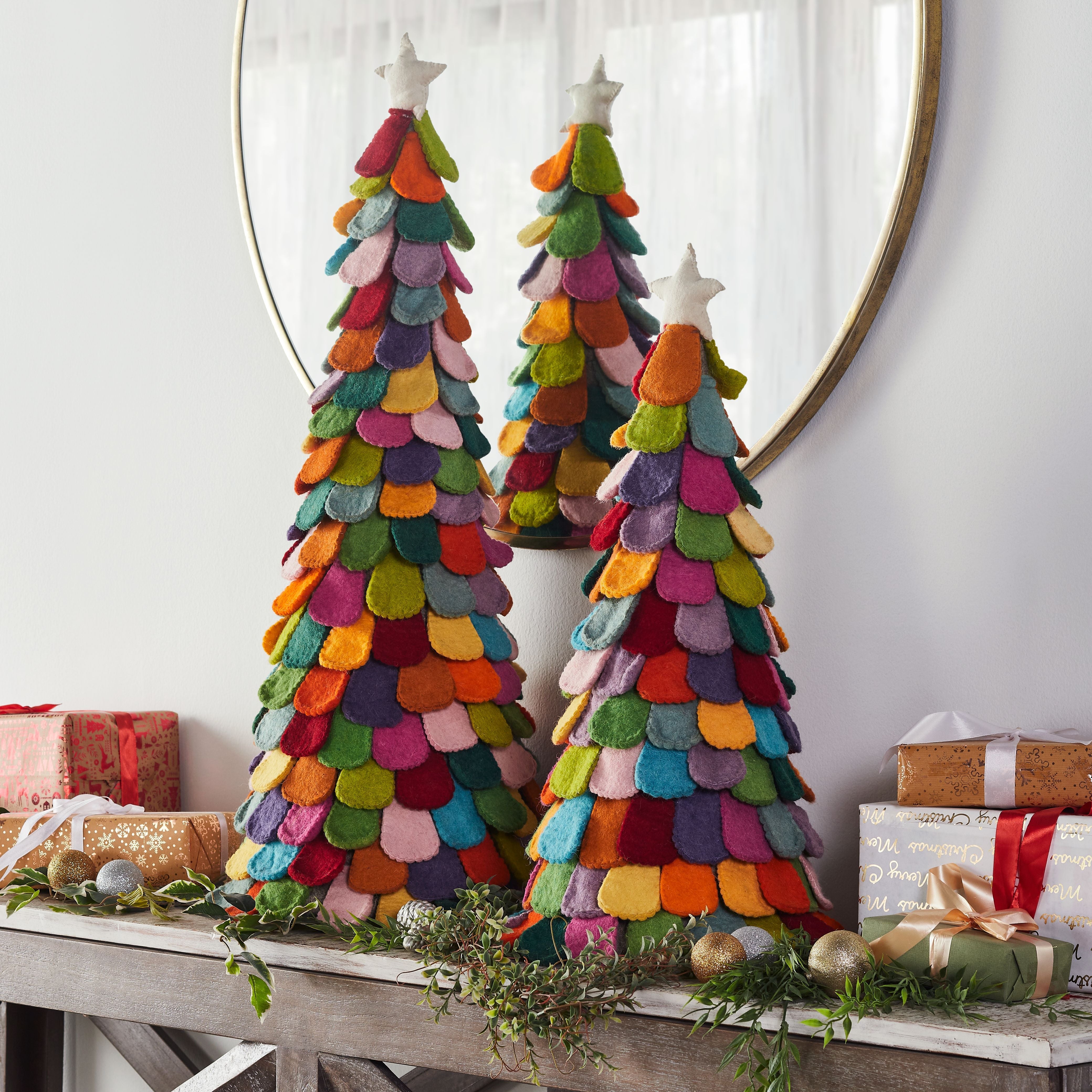 Pair Of Handmade Multicolor Christmas Tree In Hand Felted Wool - Extra Large 26" And 38"