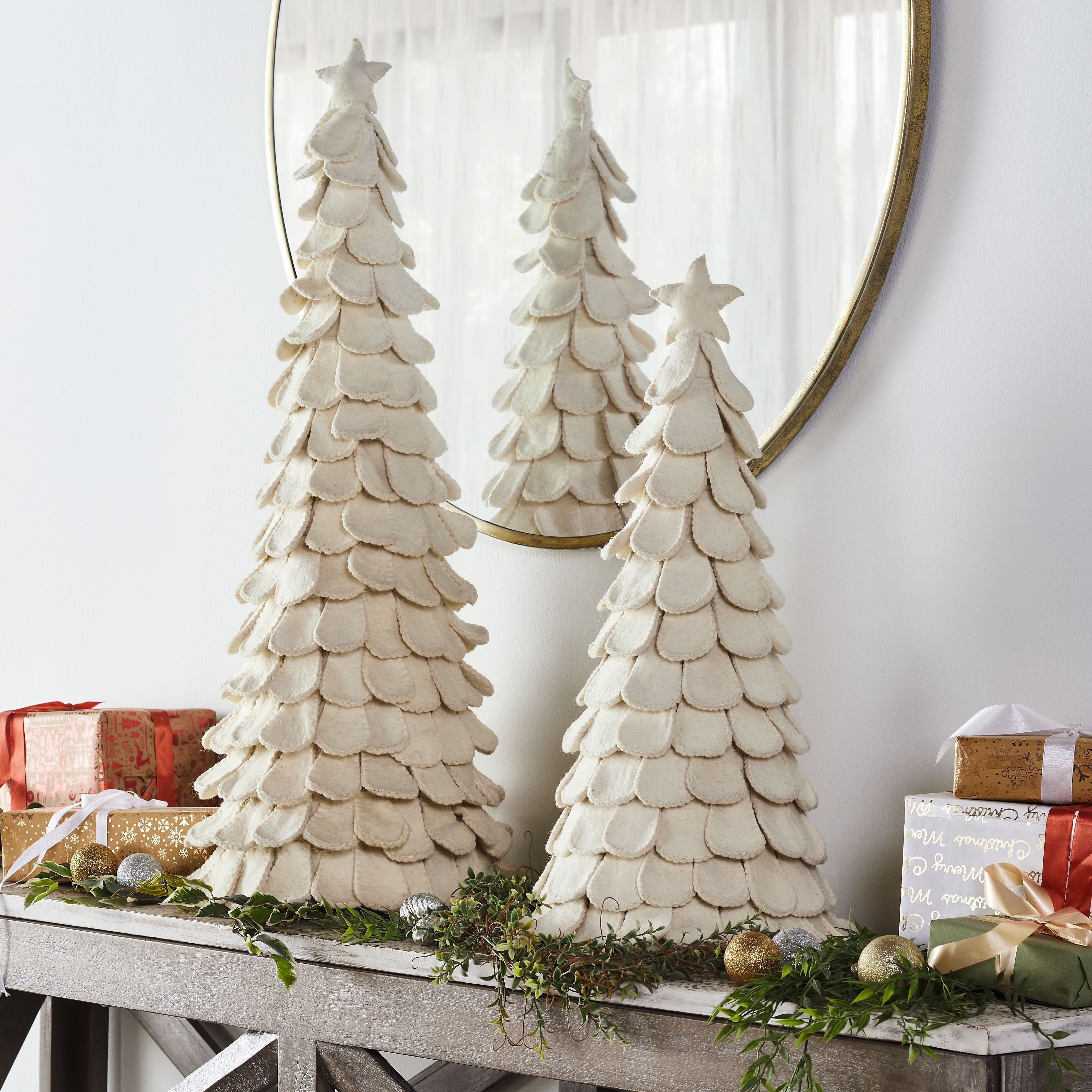 Pair Of Handmade Cream Tabletop Christmas Trees In Hand Felted Wool- Xl- 26" And 36"