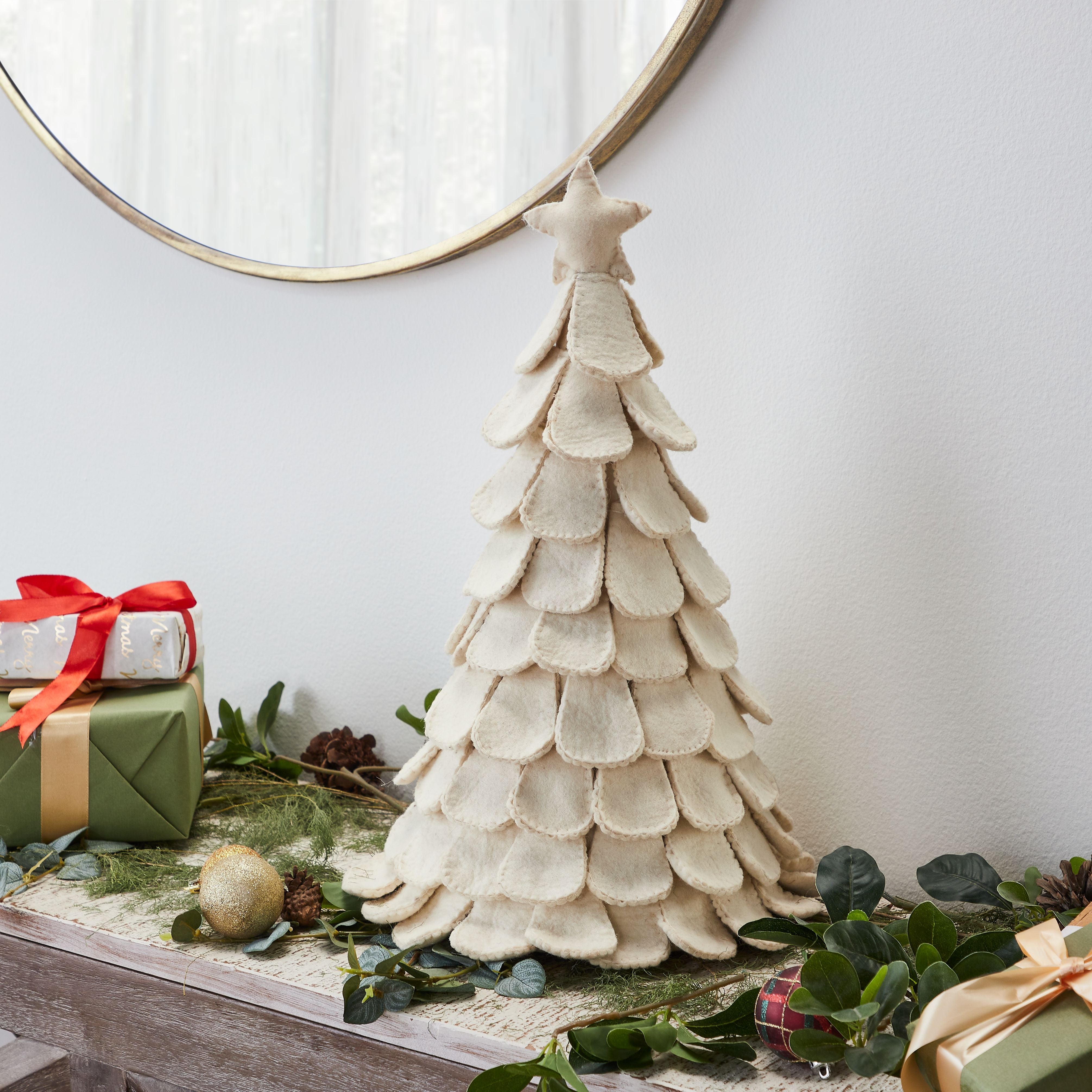 Handmade Cream Tabletop Christmas Tree In Hand Felted Wool- Large