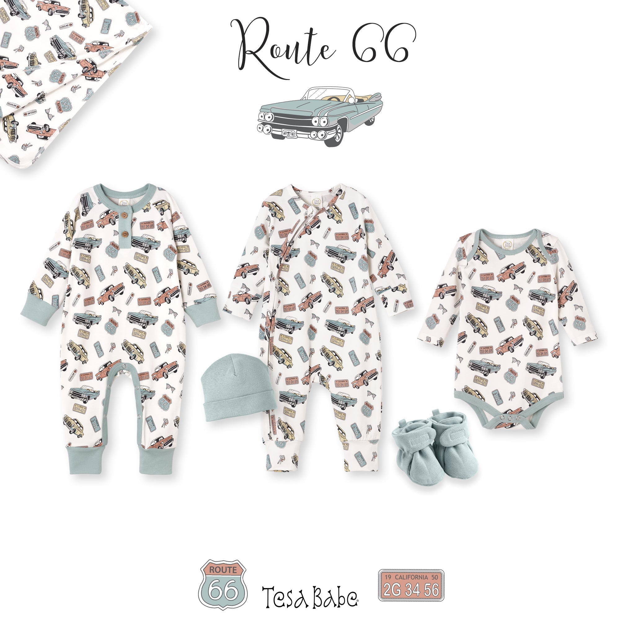 Baby Zipper Romper – Bamboo Route 66 Classic Car Print