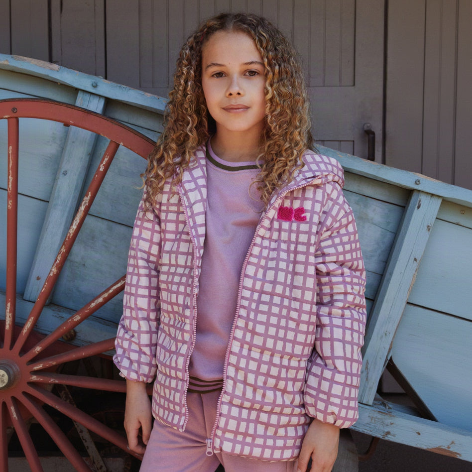 Recycled Nylon Pink Grid Puffer