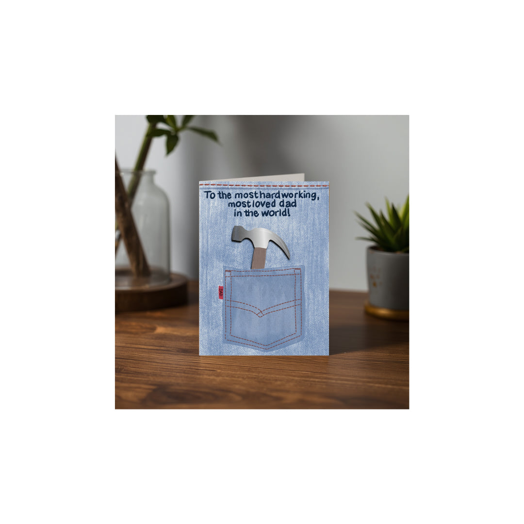 Hardworking Dad Greeting Card | Blue Denim Hammer Father's Day Card