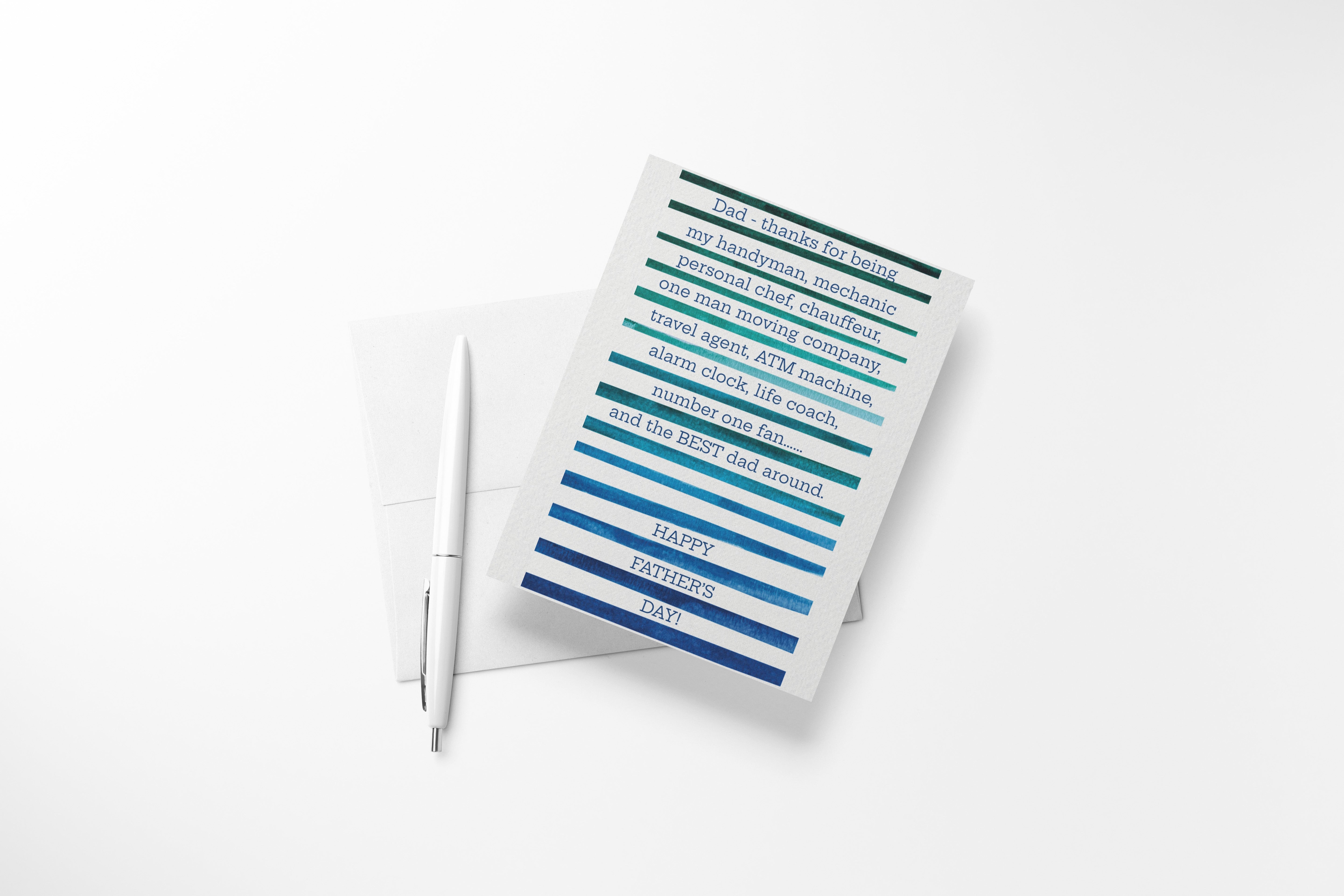 Dad's Many Hats Greeting Card | Funny Watercolor Stripe Father's Day Card
