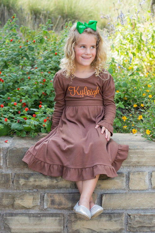 Girls Longsleeve Solid Dress With Tie