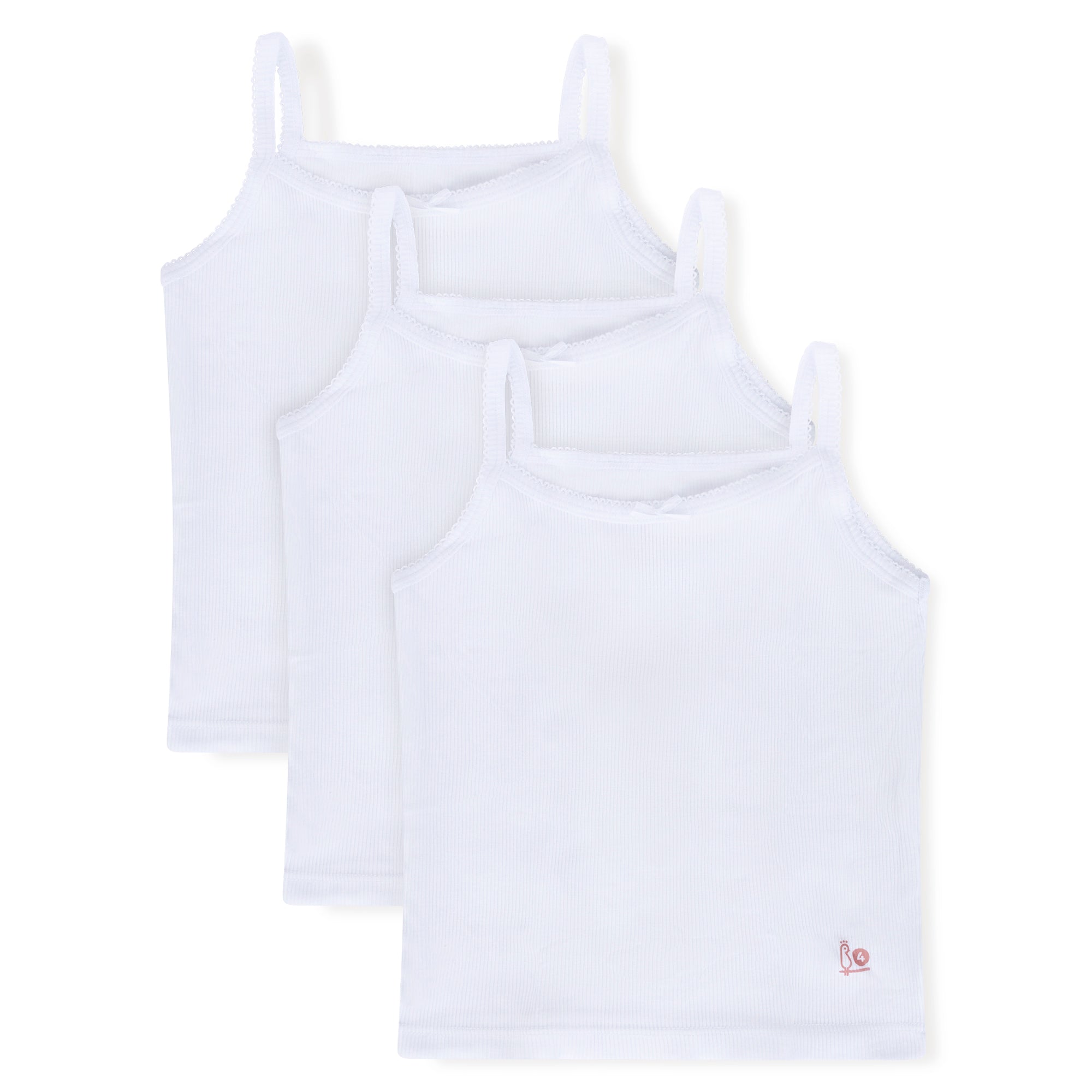 Feathers Girls Solid White Snug Fit Tagless Cami Vest - 100% Cotton Super Soft Undershirts (3/pack)