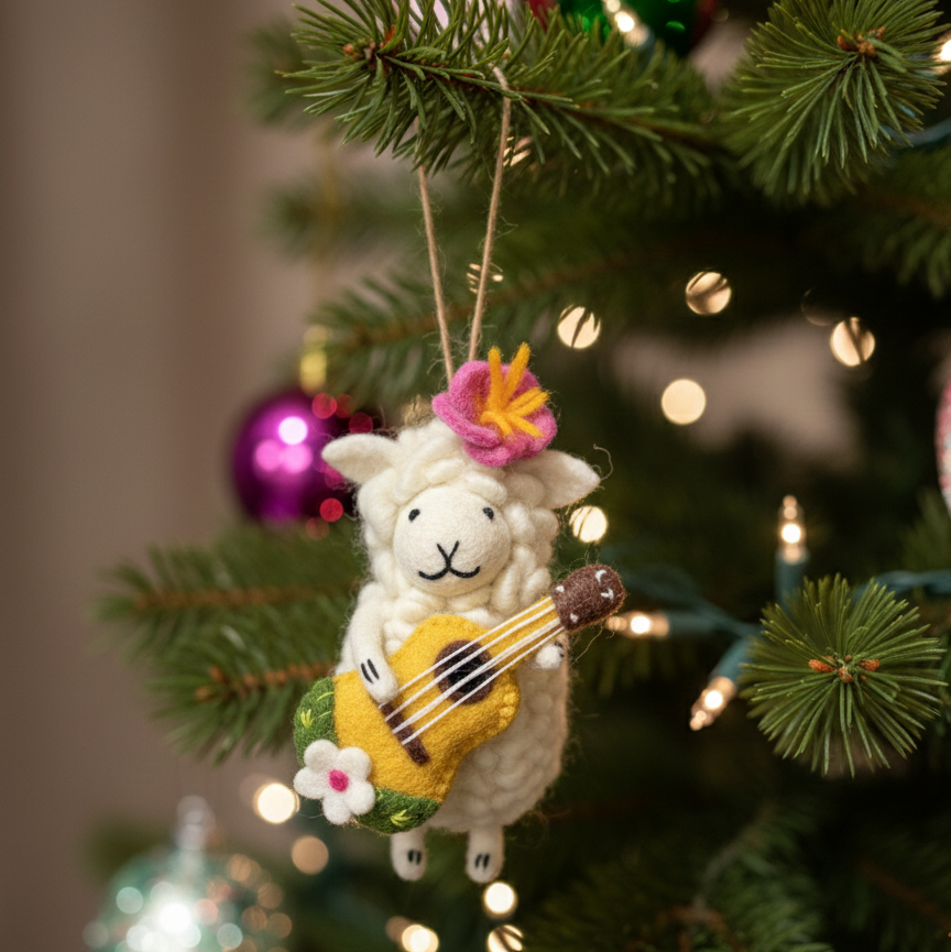 Felt Hula Sheep Ornament With Ukulele