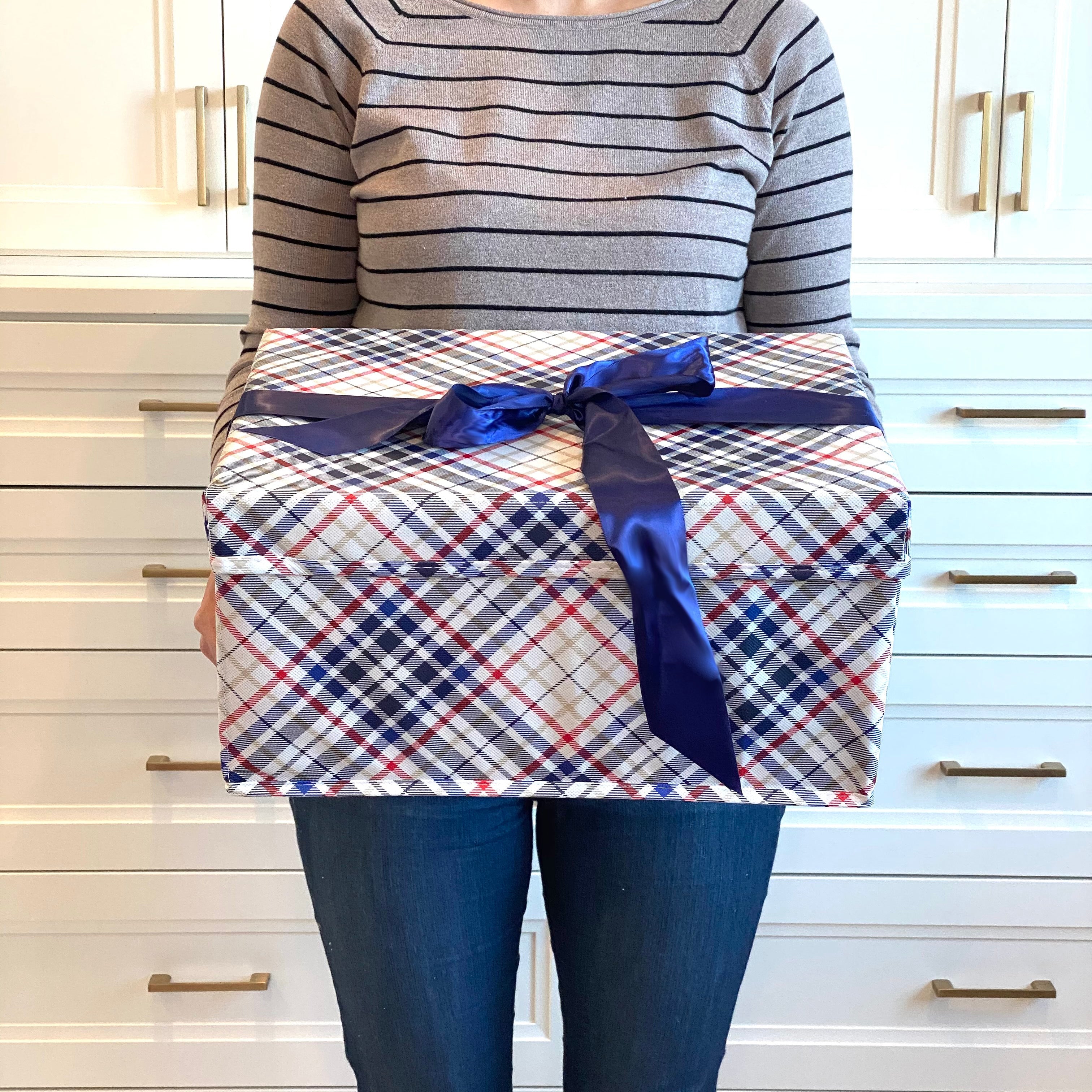 Everbox: Large Blue Plaid Collapsible Gift Box With Blue Satin Ribbon