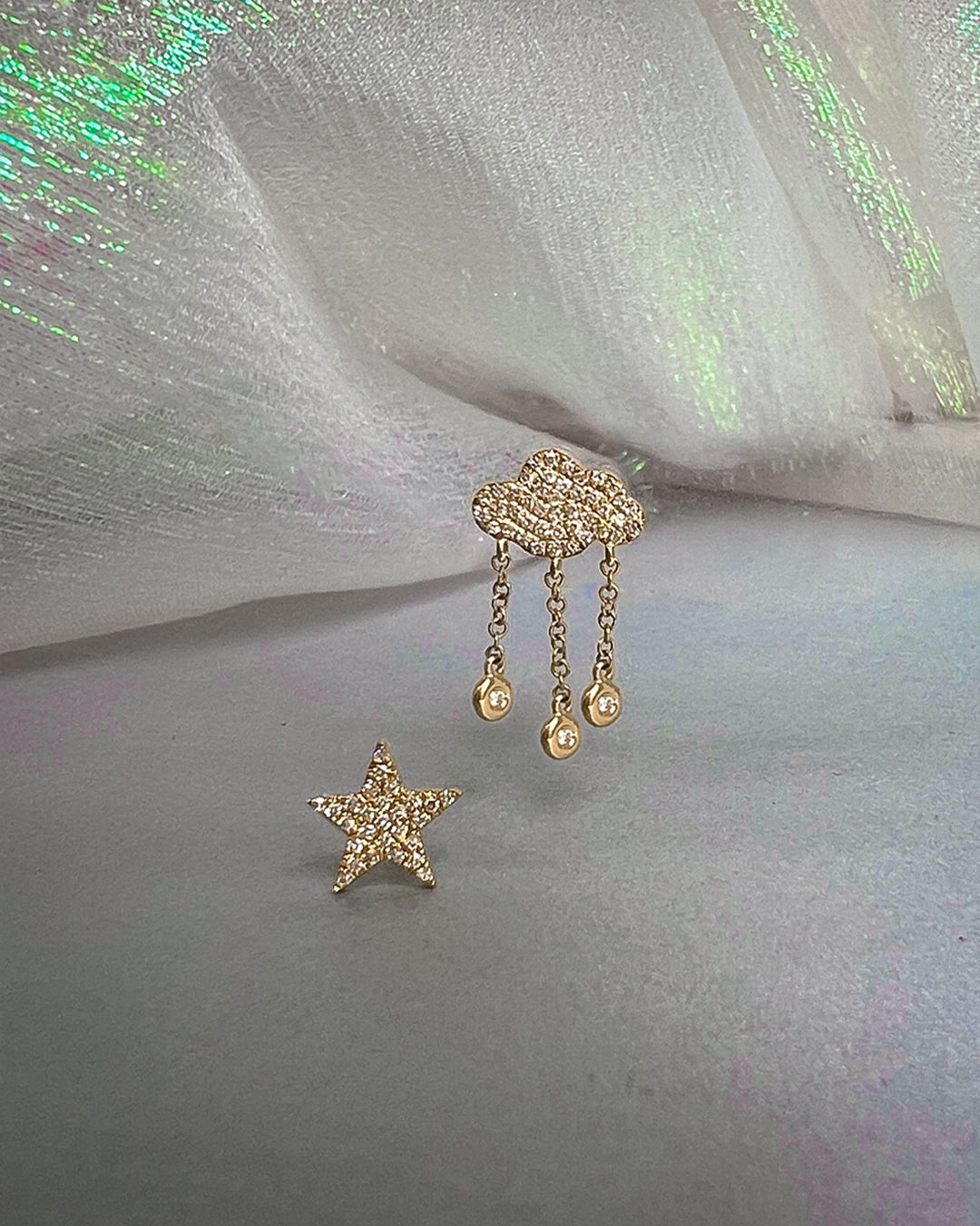 Diamond Pave Cloud And Star Stud Earrings