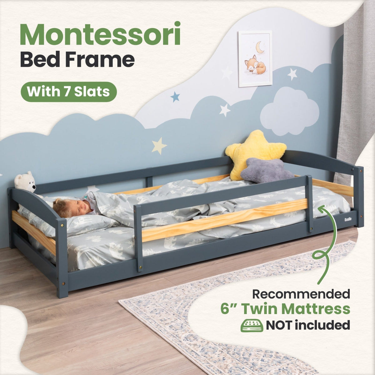Twin Floor Bed With Safety Guardrails For Kids - Montessori Inspired