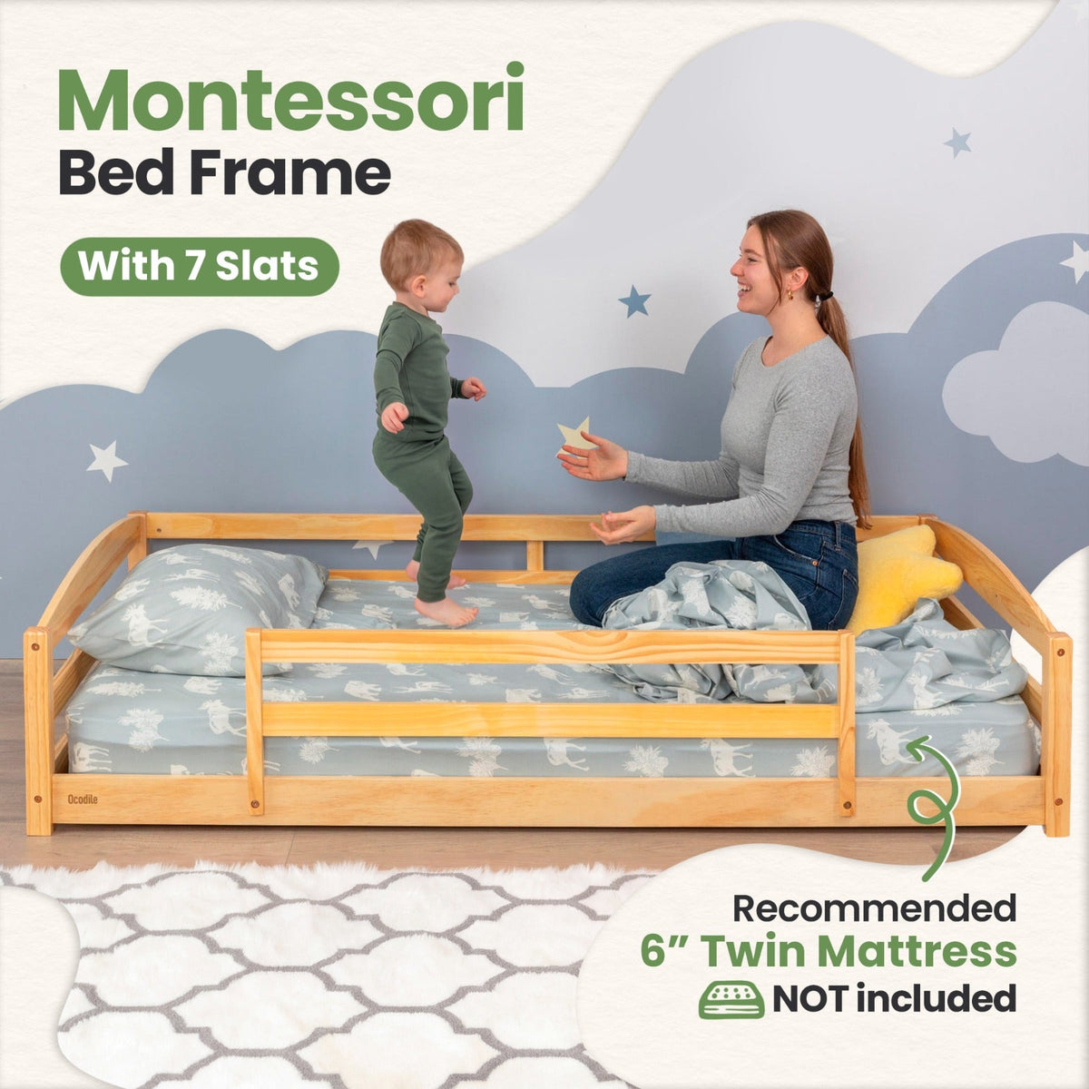 Twin Floor Bed With Safety Guardrails For Kids - Montessori Inspired