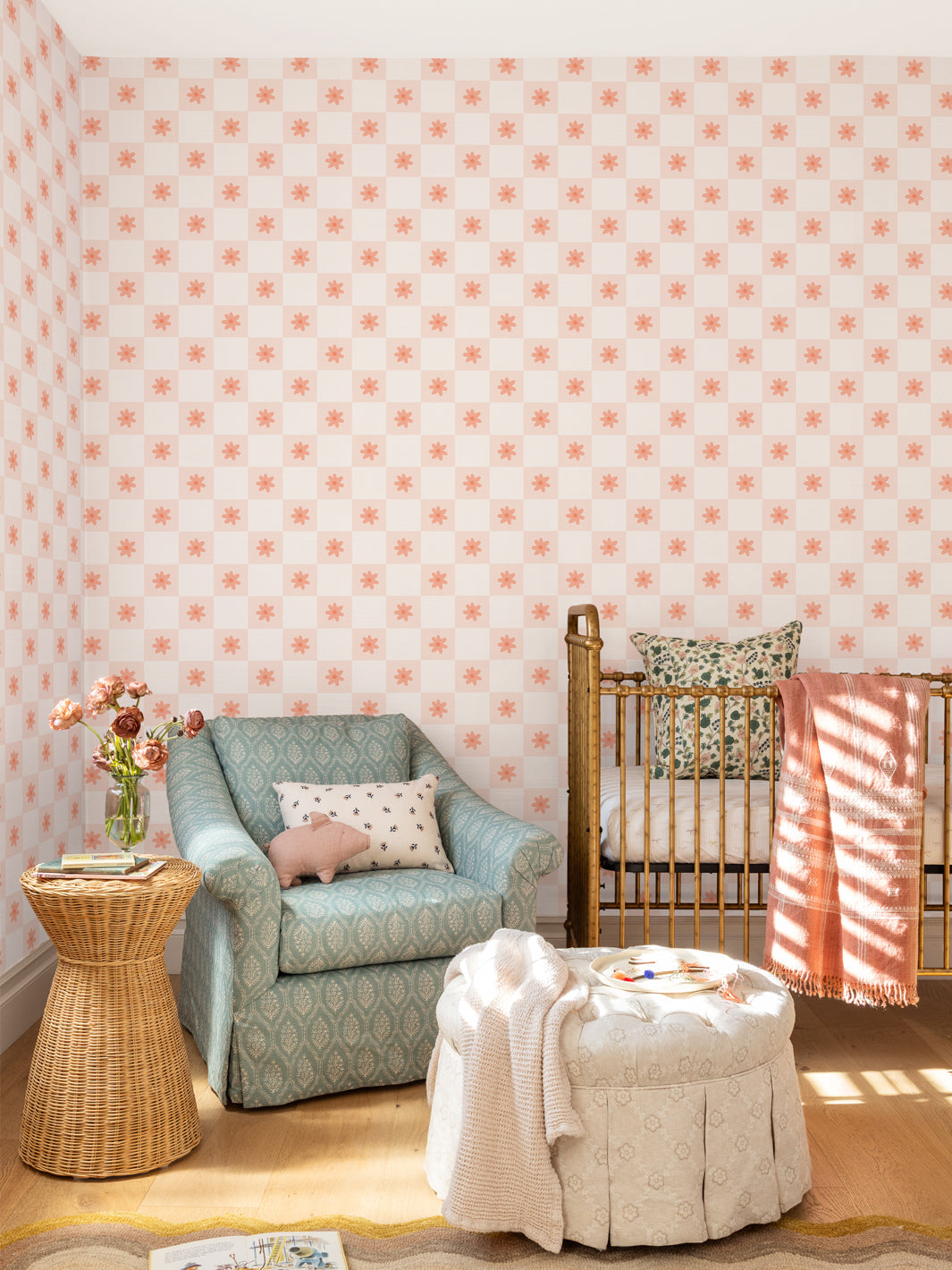'floral Check' Wallpaper By Meri Meri - Pale Pink Peach