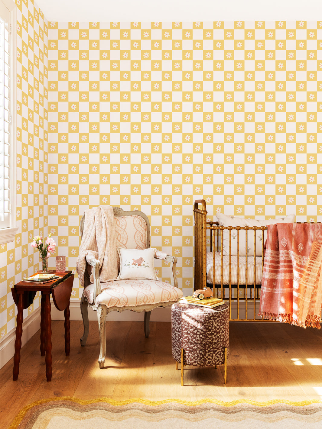 'floral Check' Wallpaper By Meri Meri - Yellow