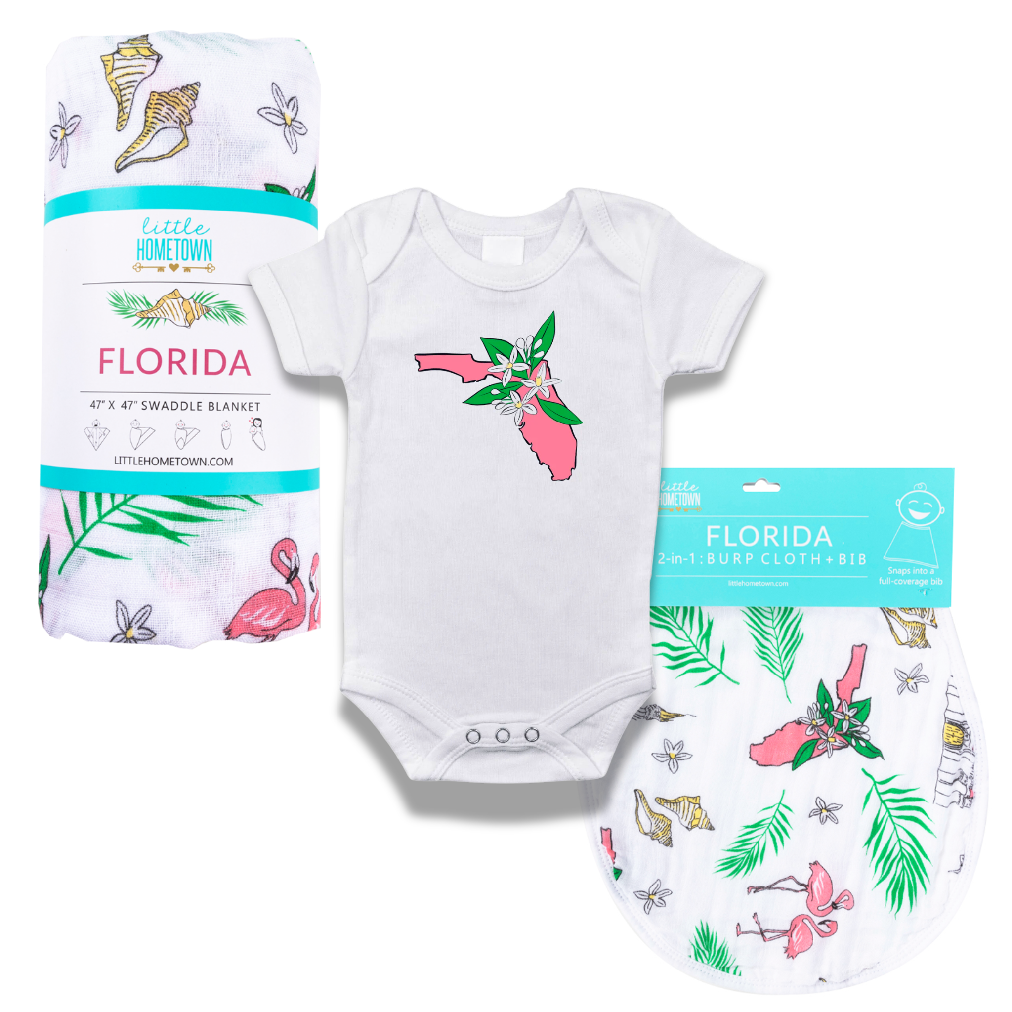 Florida Girl Gift Bundle: Swaddle, Bib & Onesie | Organic Cotton