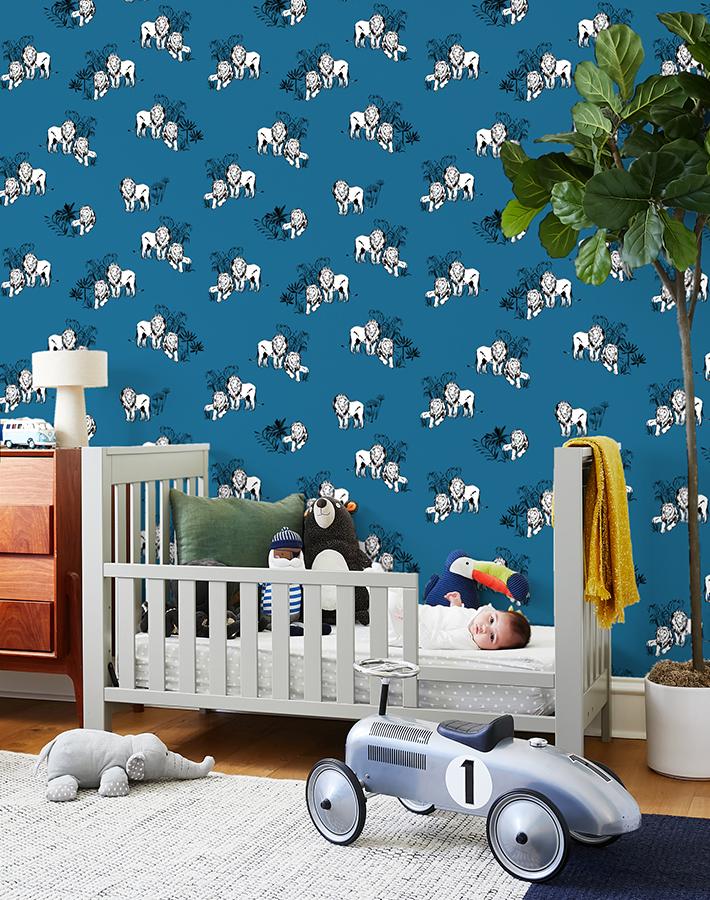 'foliage Lions' Wallpaper By Tea Collection - Cadet Blue