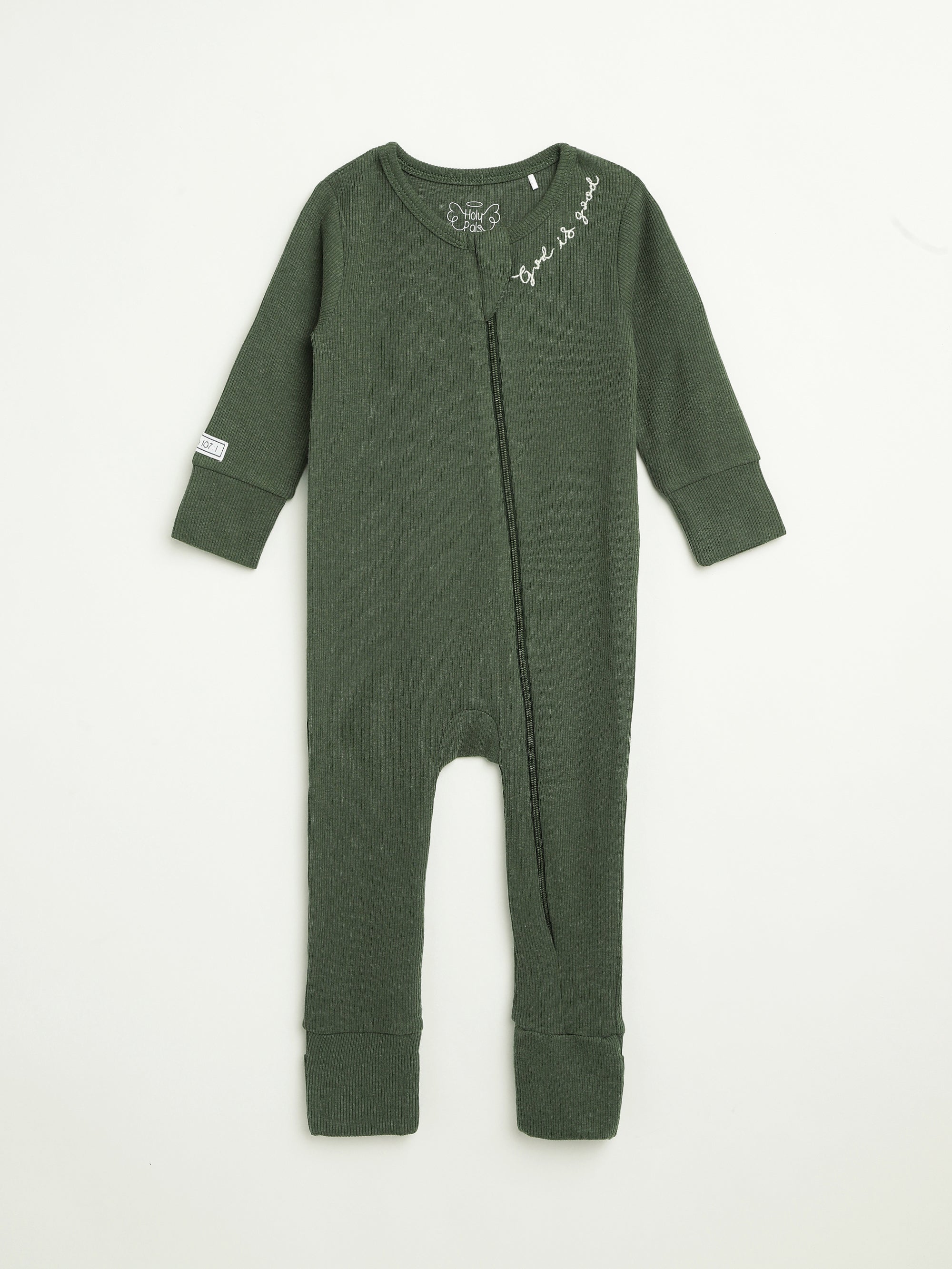 Solid Olive Pj Footless Onesie Ribbed Cotton-bamboo Blend