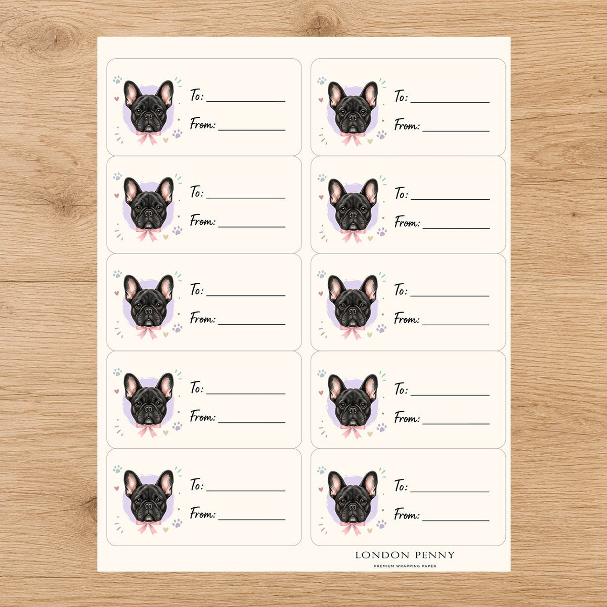 French Bulldog Paws & Bows Gift Tag Sticker Sheet